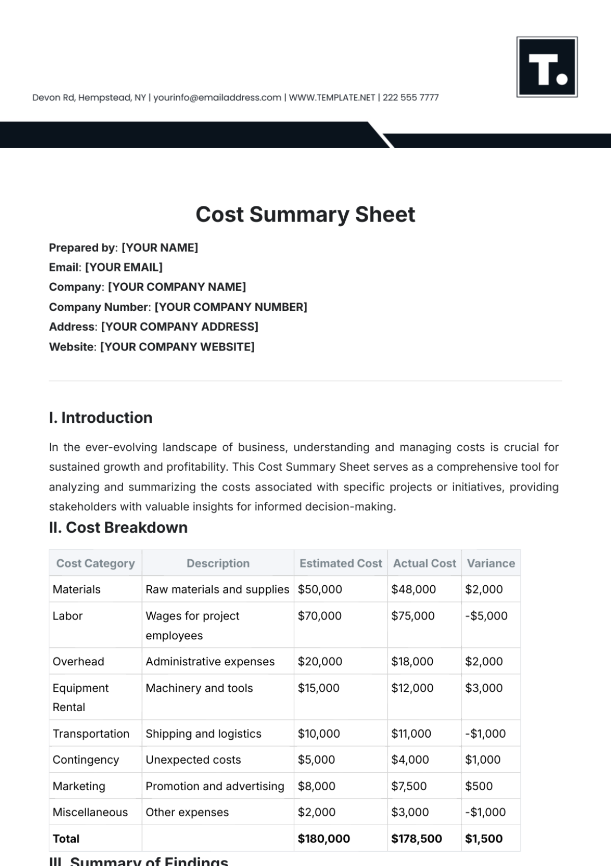 Cost Summary Sheet Template