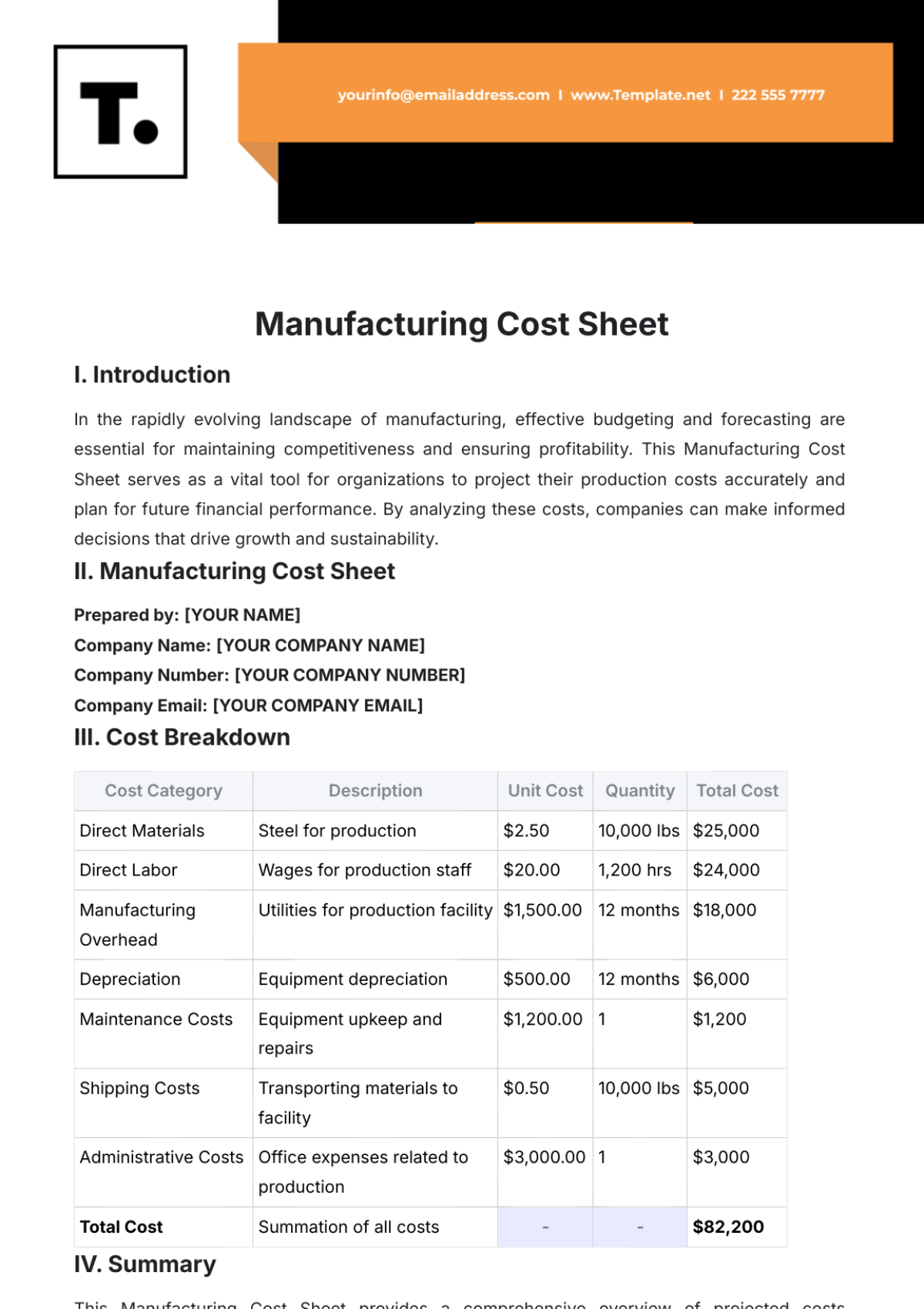 Manufacturing Cost Sheet Template