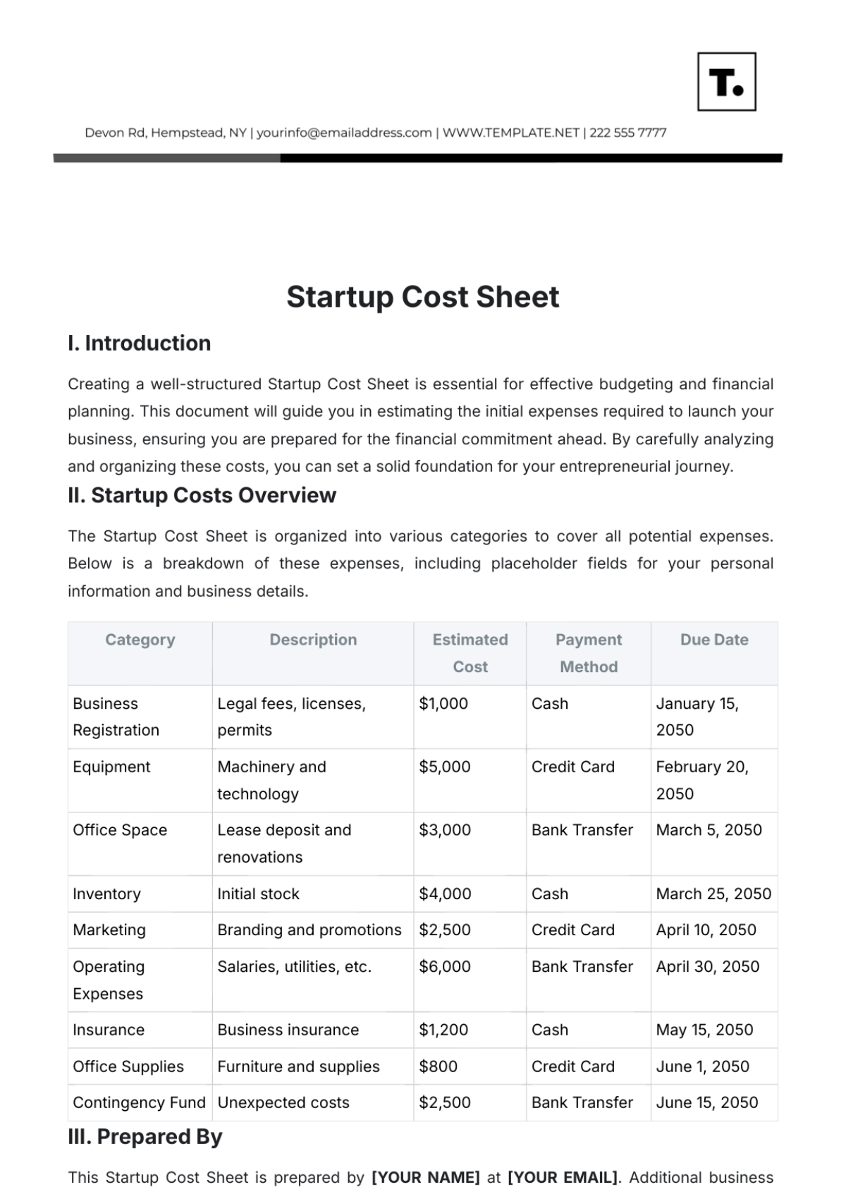 Startup Cost Sheet Template