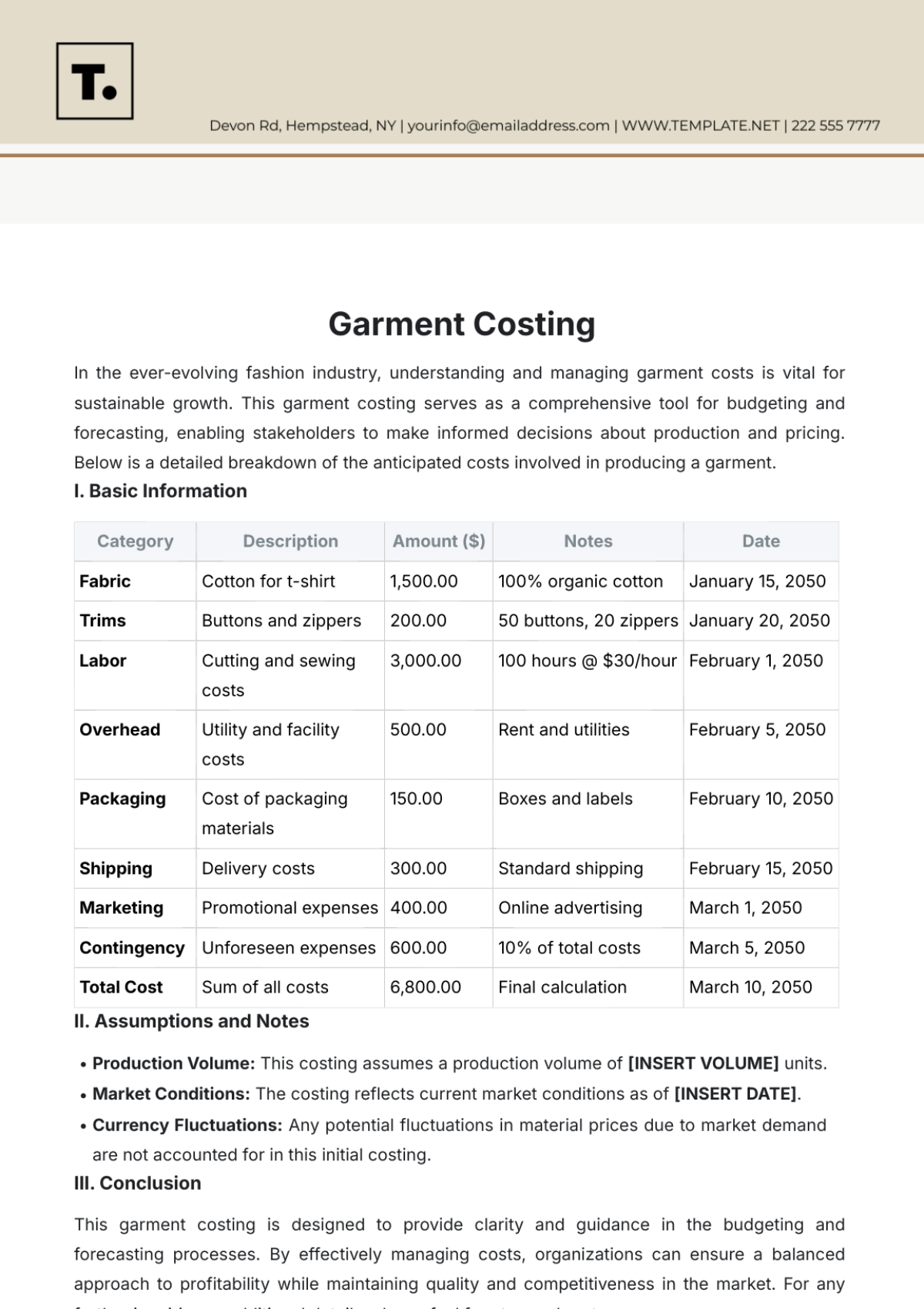 Garment Costing Template