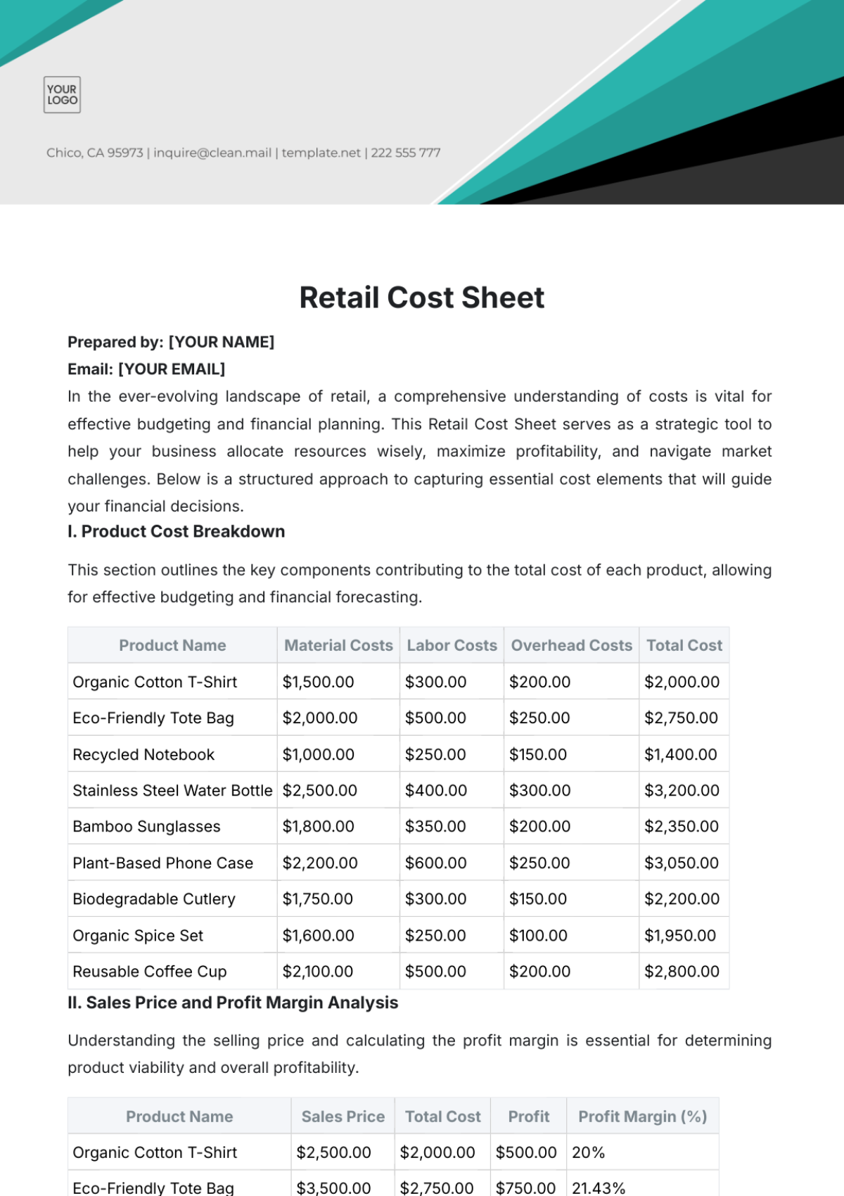 Retail Cost Sheet Template