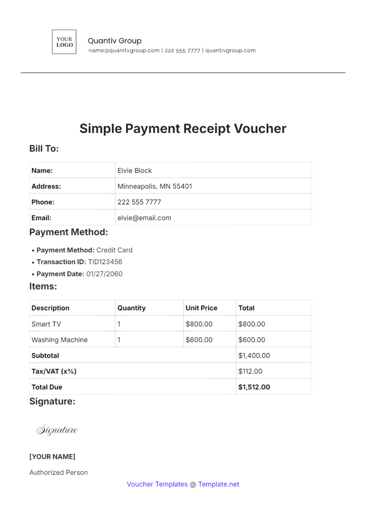 Simple Payment Receipt Voucher Template