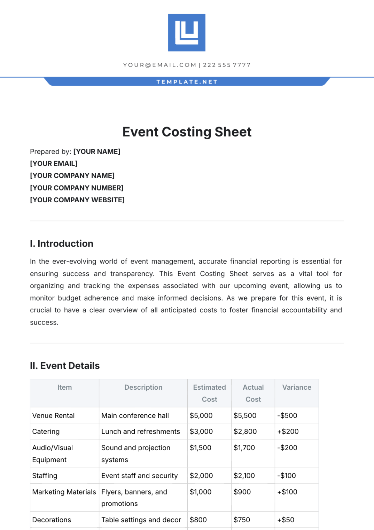 Event Costing Sheet Template