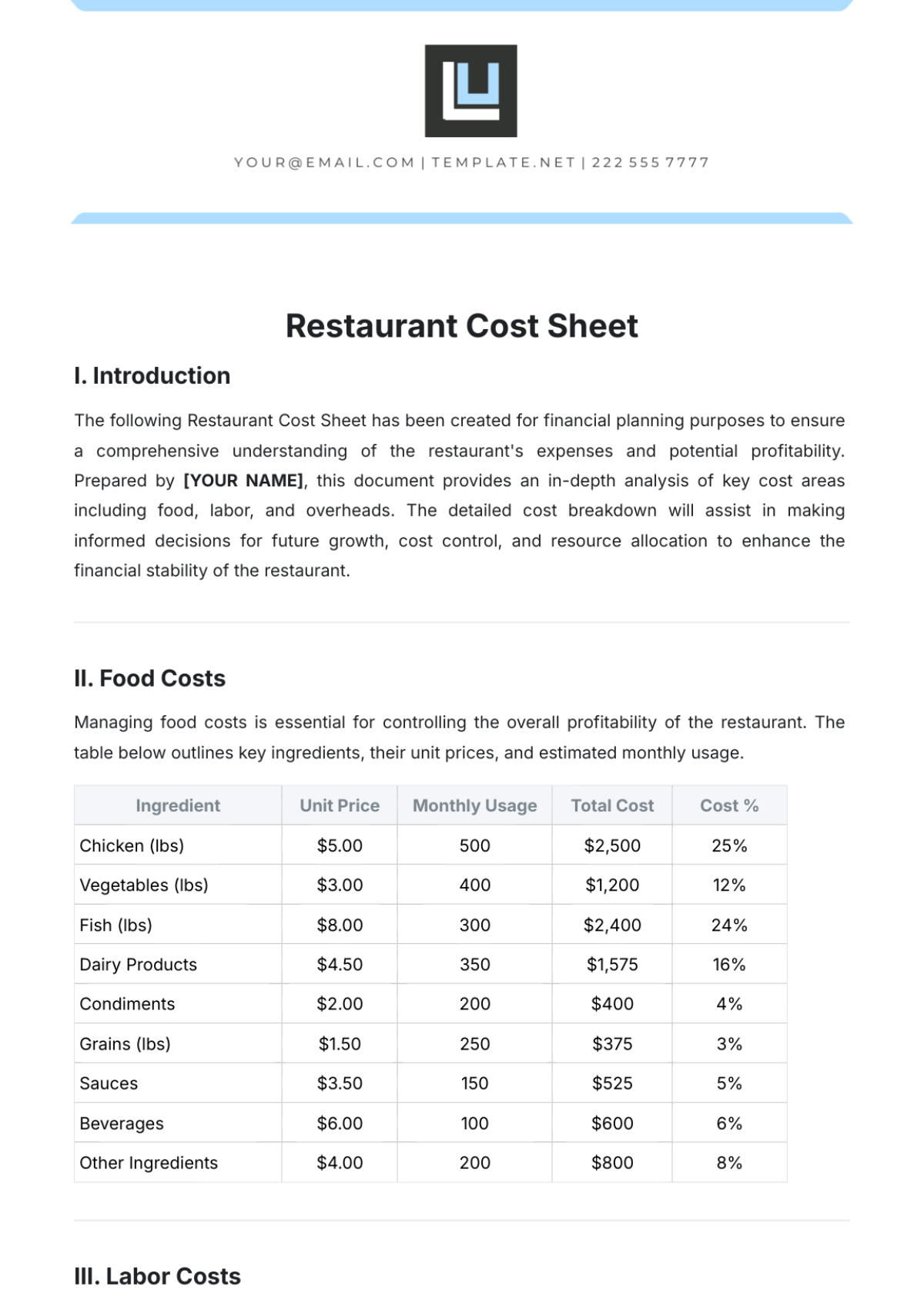 Restaurant Cost Sheet Template