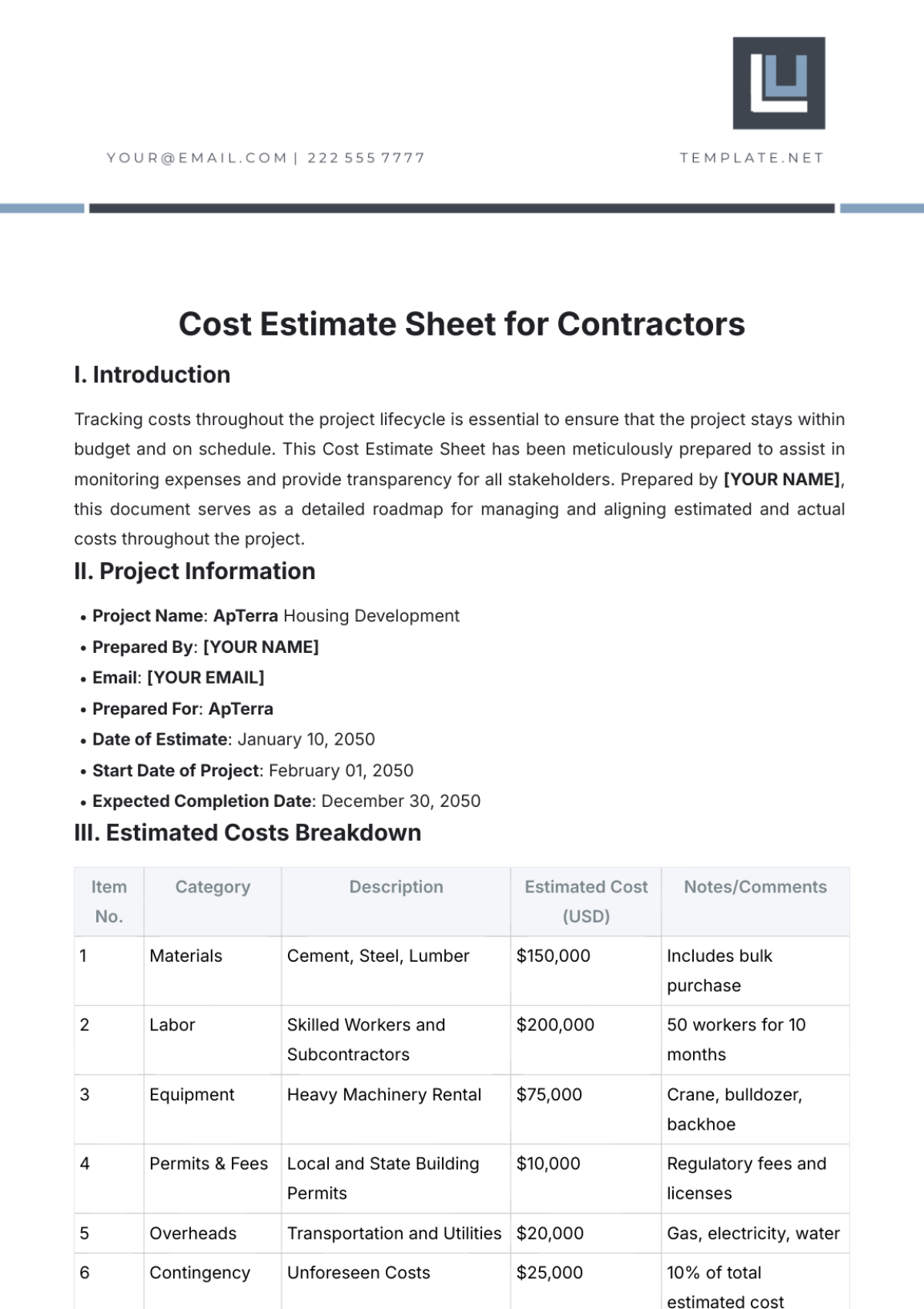 Cost Estimate Sheet Template for Contractors