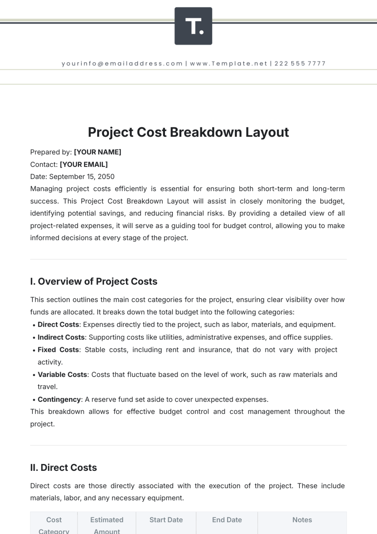 Project Cost Breakdown Layout Template