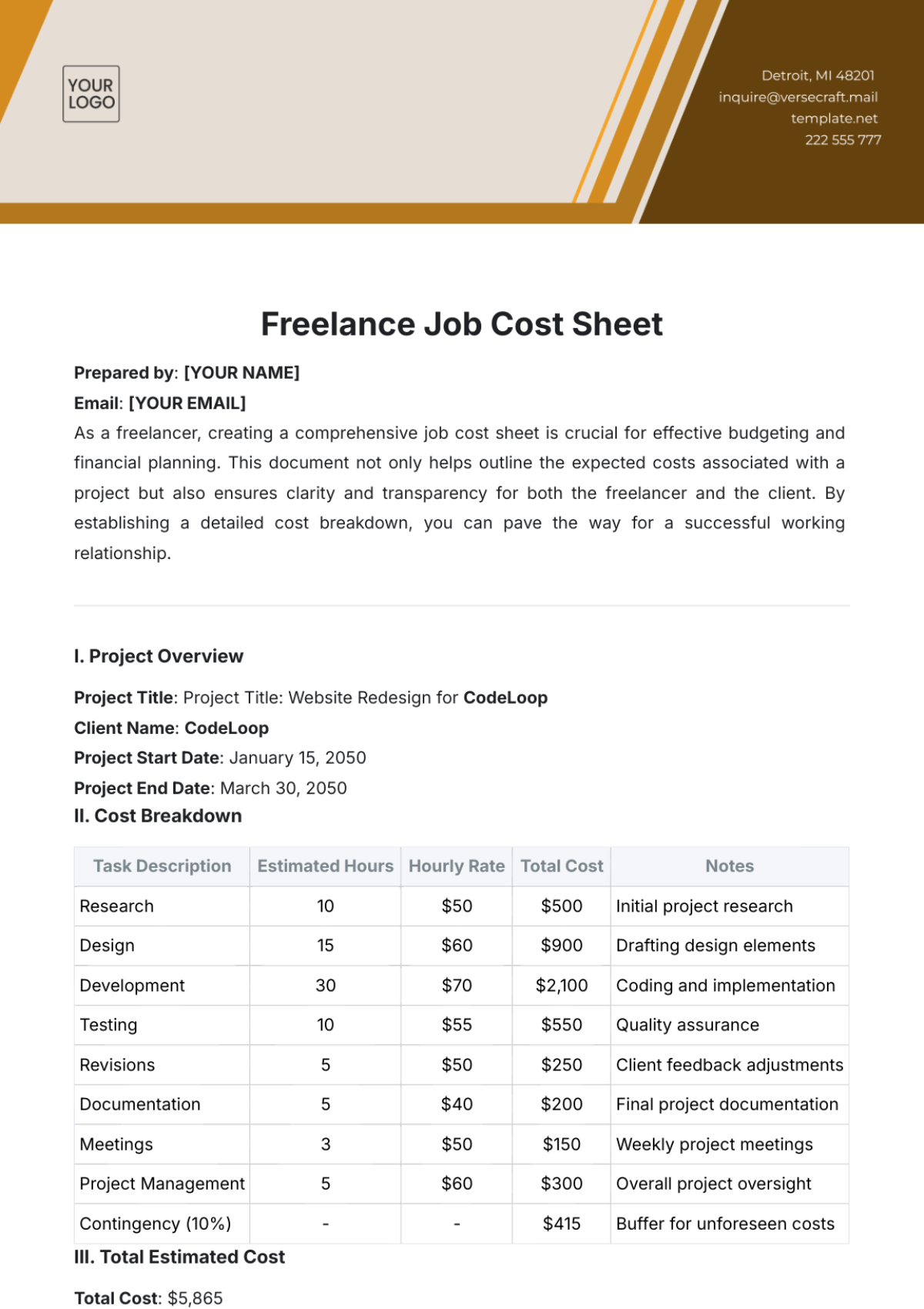 Freelance Job Cost Sheet Template