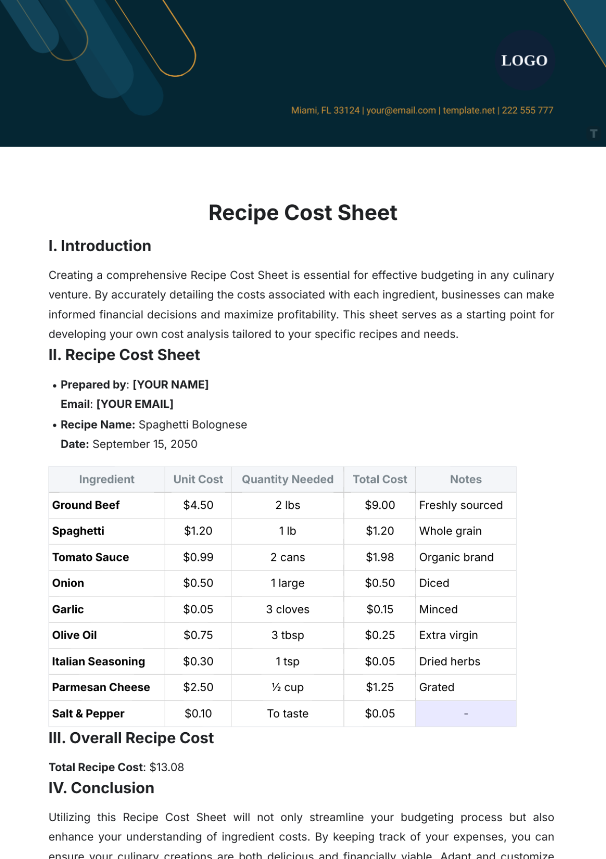 Recipe Cost Sheet Template