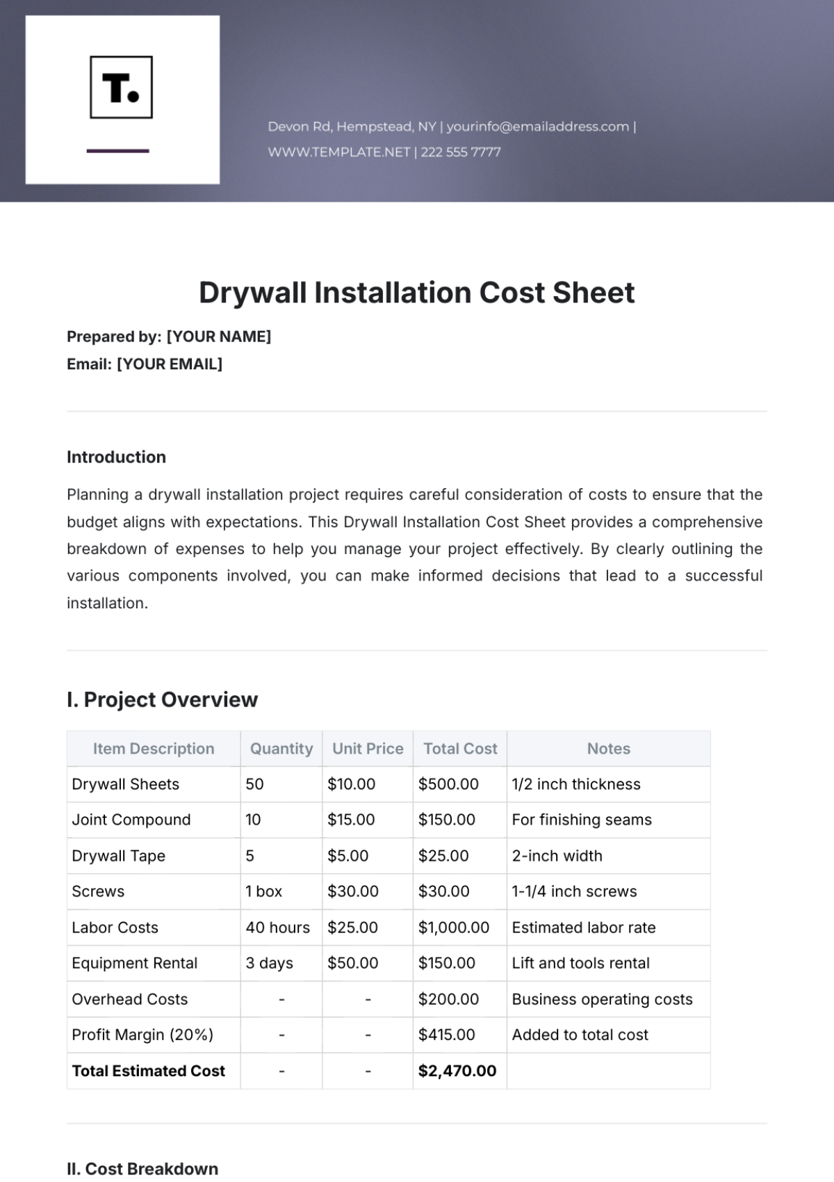 Drywall Installation Cost Sheet Template - Edit Online & Download