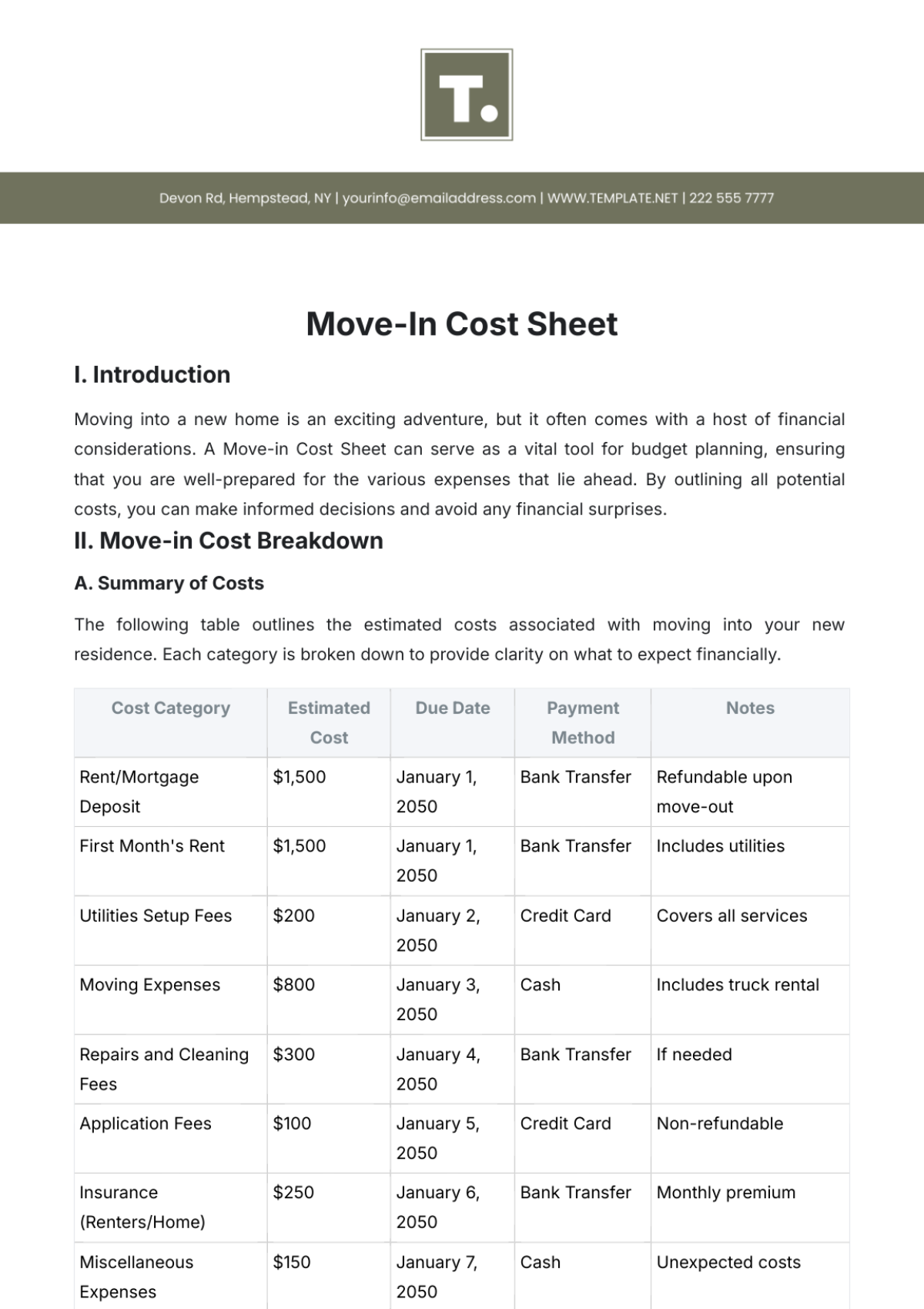 Move-in Cost Sheet Template - Edit Online & Download