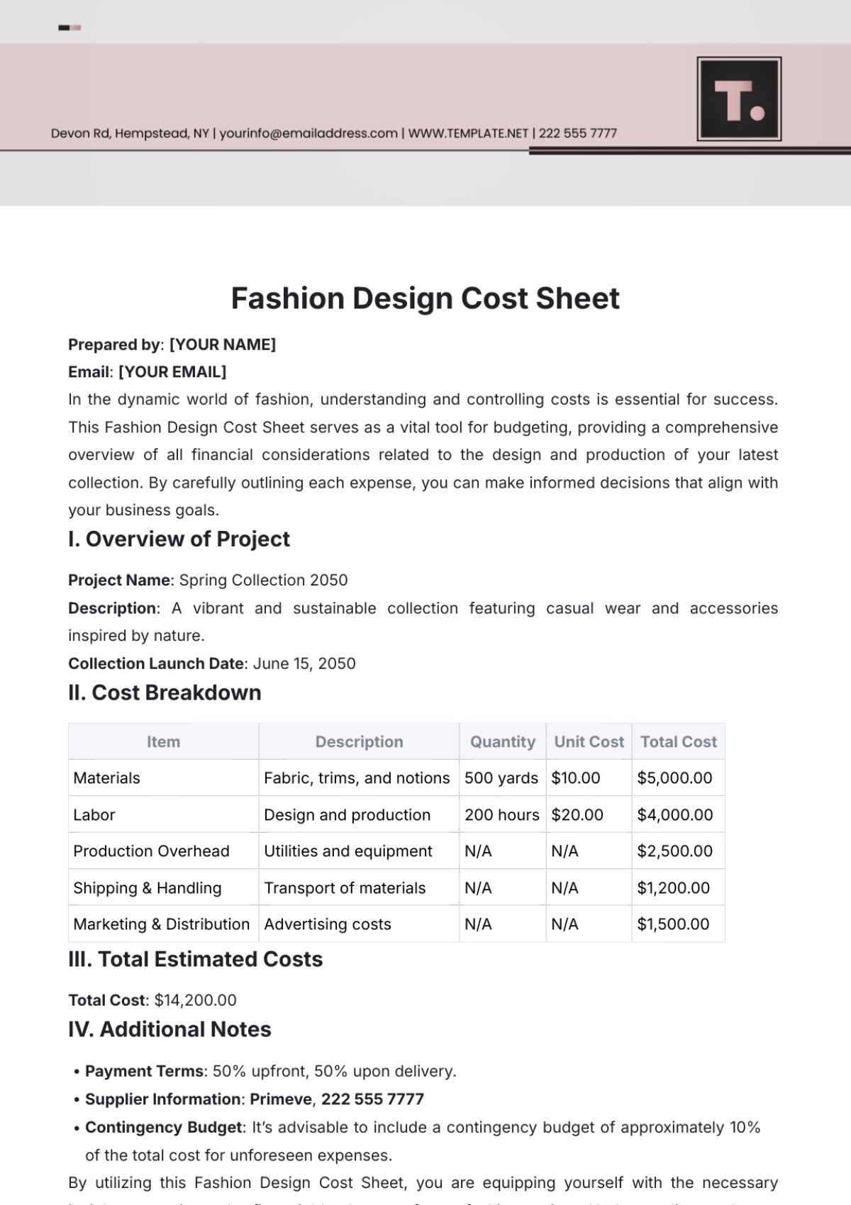 Fashion Design Cost Sheet Template - Edit Online & Download