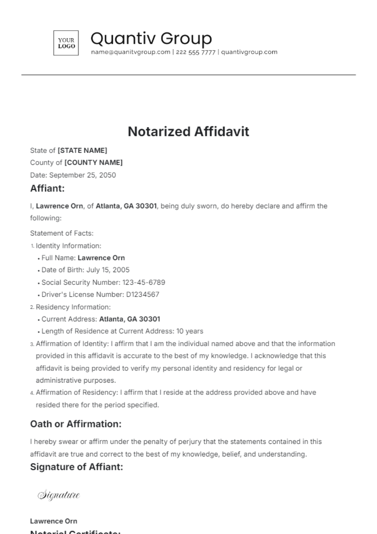 Notarized Affidavit Template