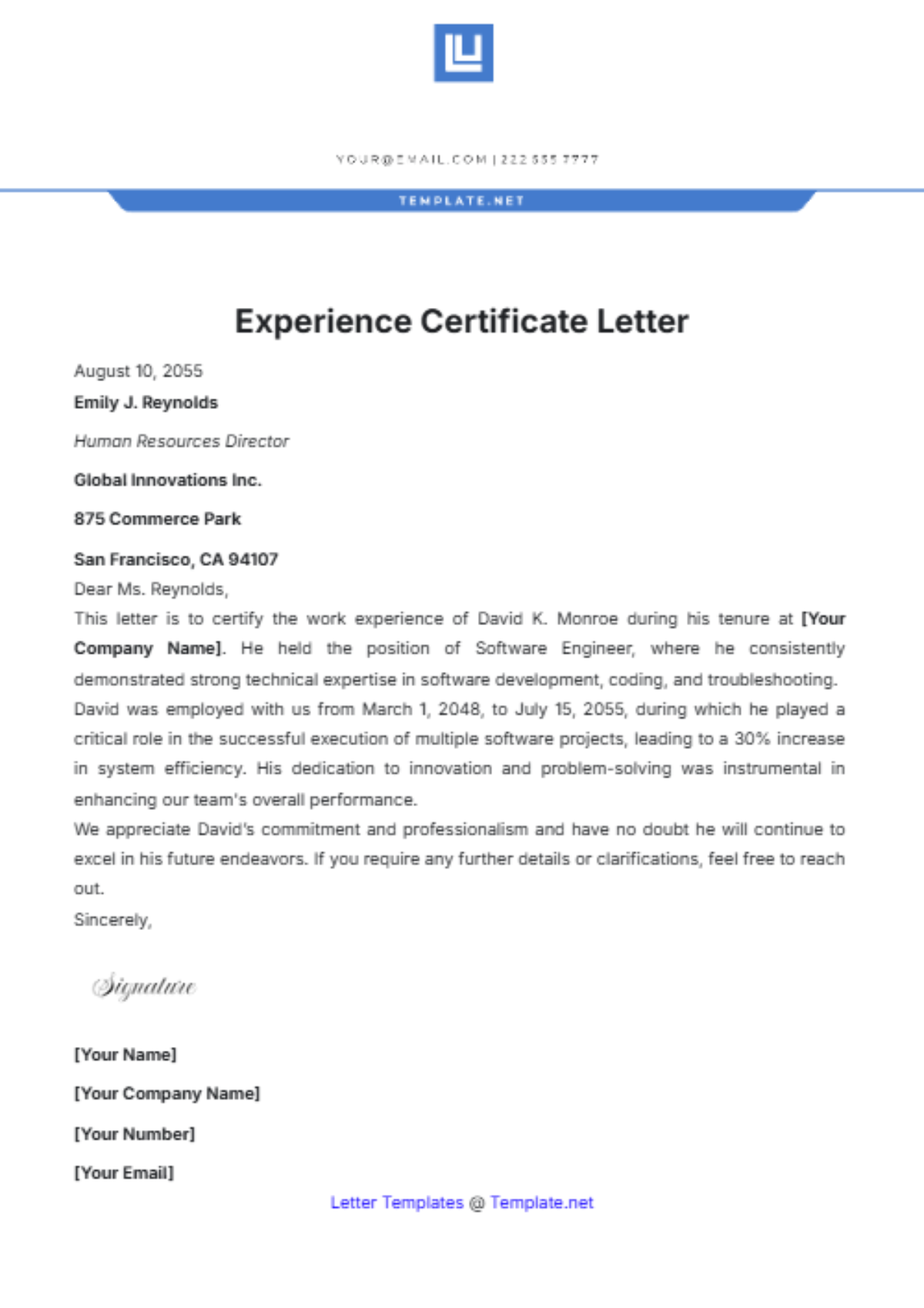 Experience Certificate Letter Template