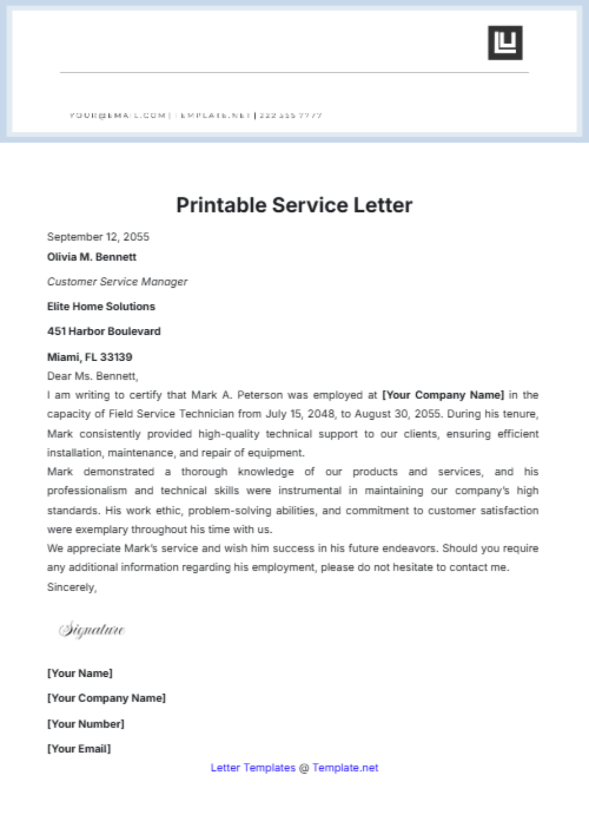 Printable Service Letter Template