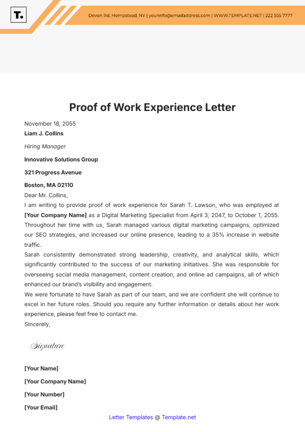 Proof of Work Experience Letter Template