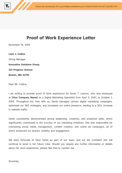 Free Proof of Work Experience Letter Template to Edit Online