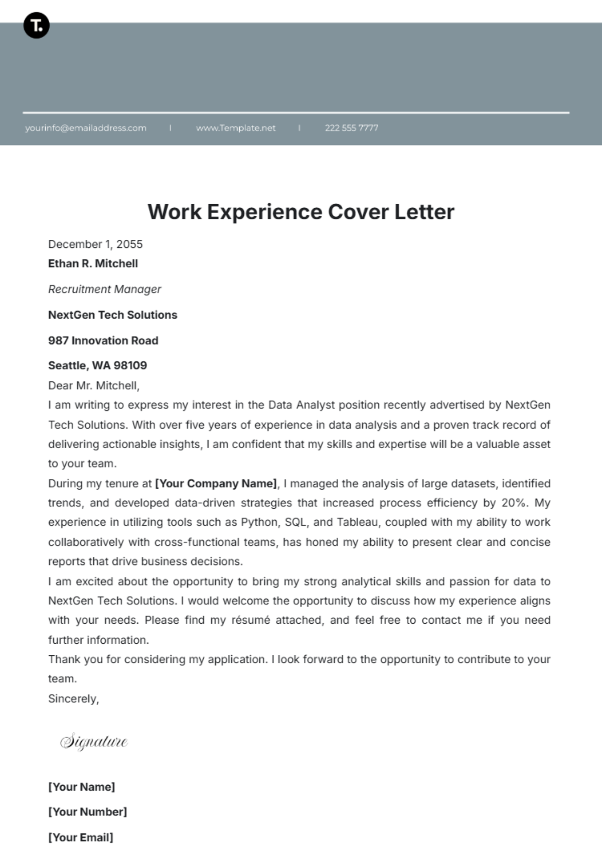 Work Experience Cover Letter Template