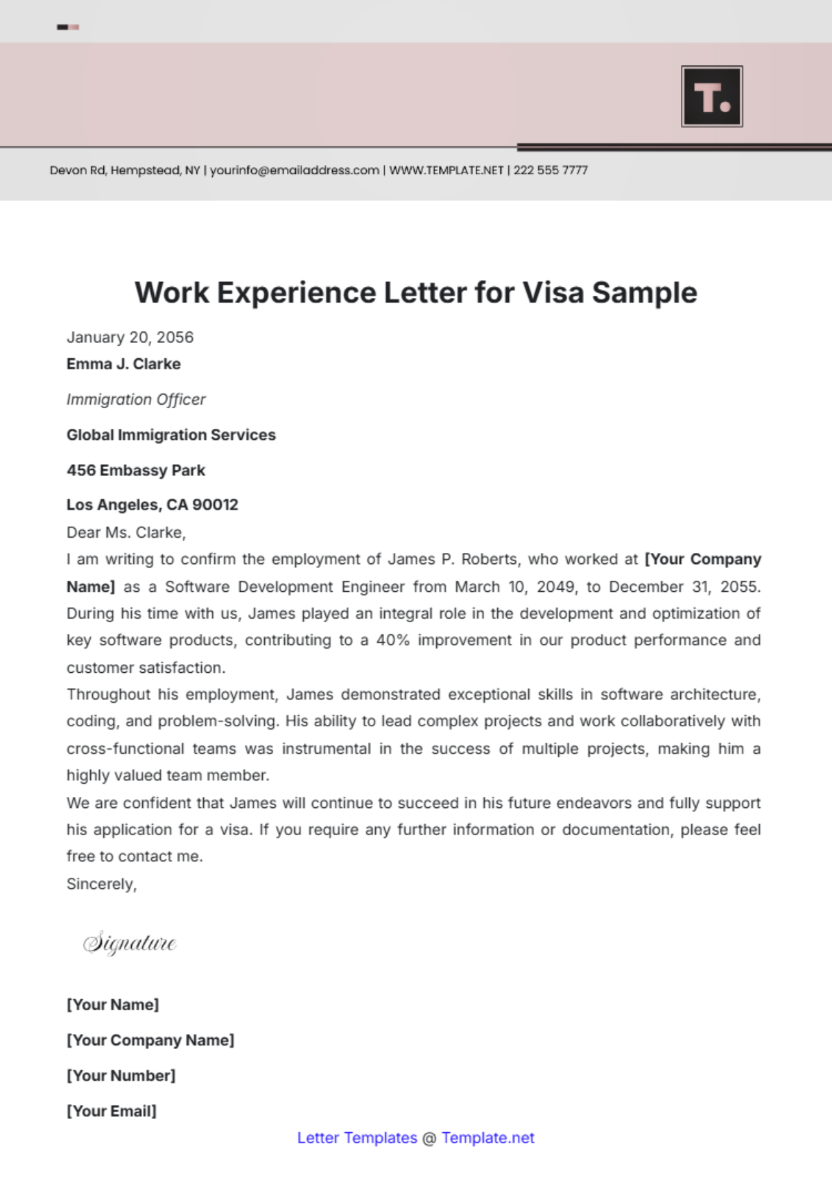 Work Experience Letter for Visa Sample Template