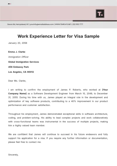 Free Work Experience Letter for Visa Sample Template to Edit Online