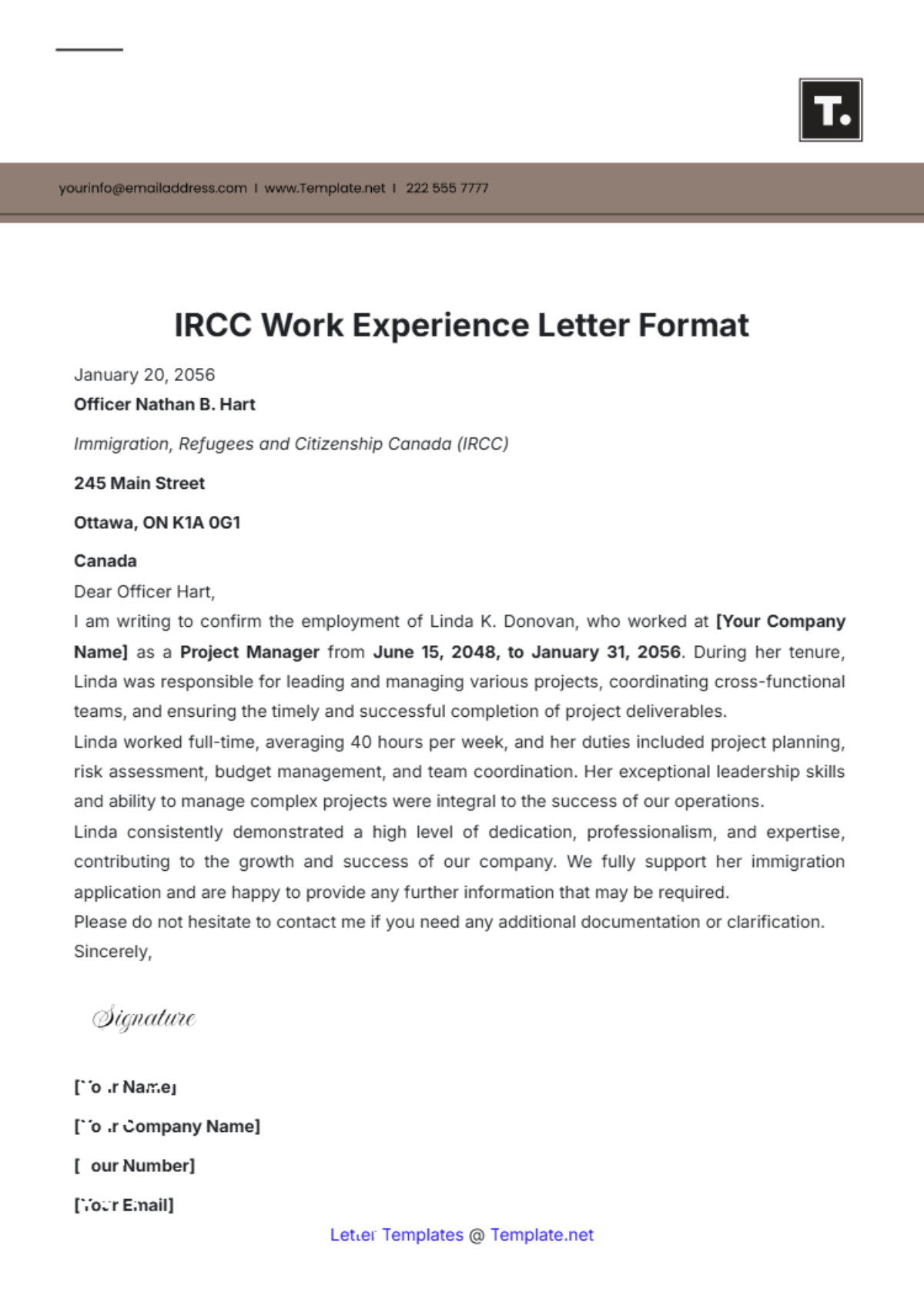 IRCC Work Experience Letter Format Template