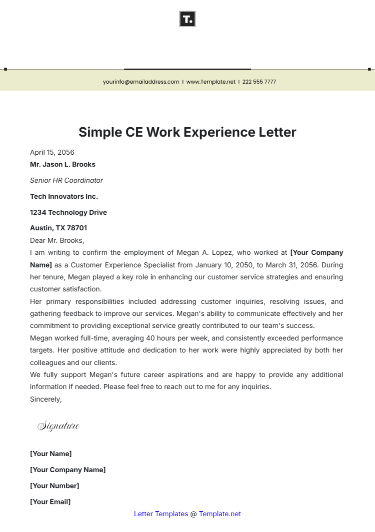 Simple CE Work Experience Letter Template