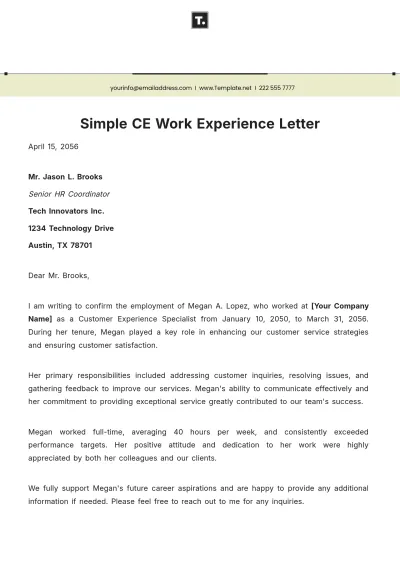 Free Simple CE Work Experience Letter Template to Edit Online
