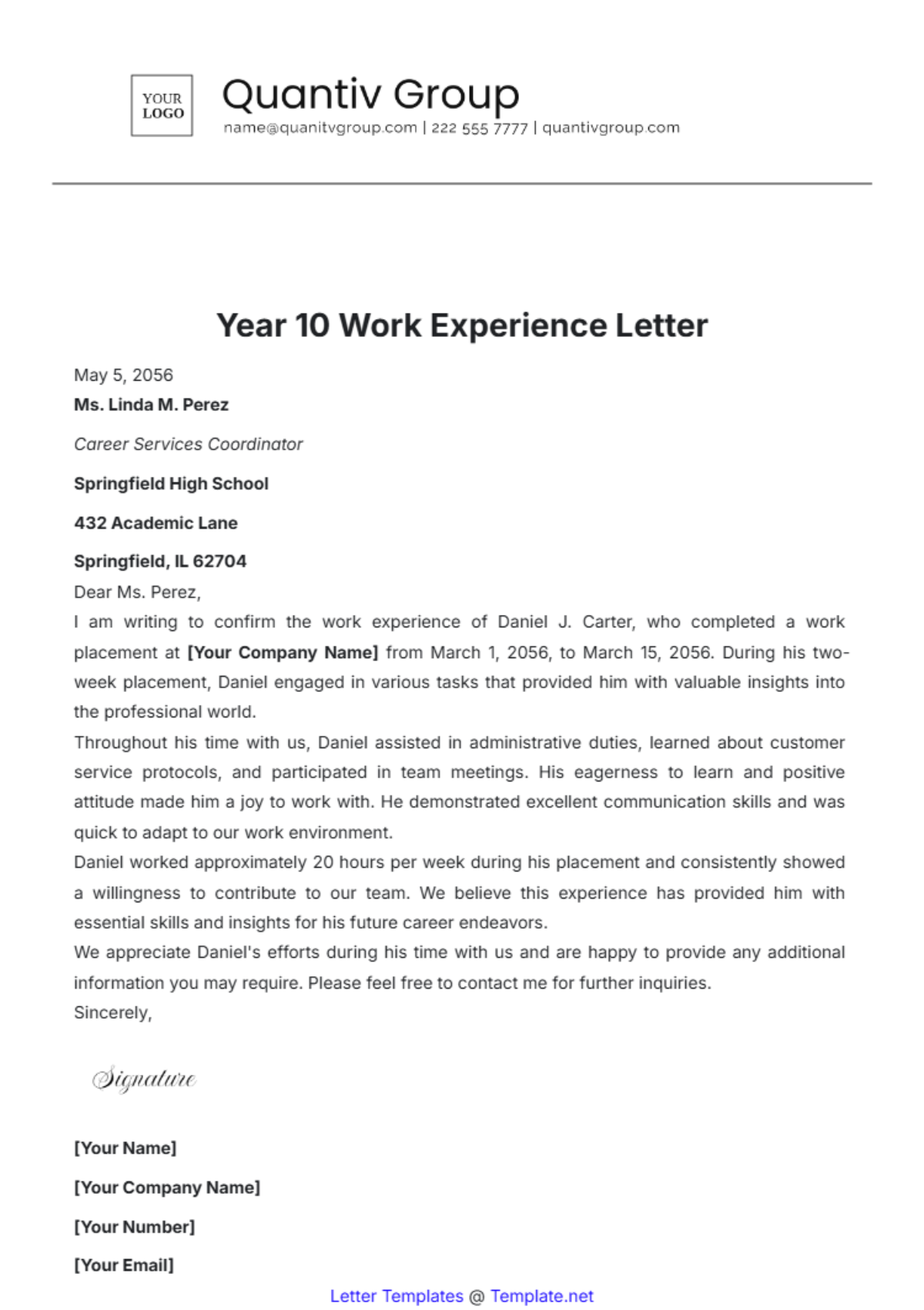 Year 10 Work Experience Letter Template