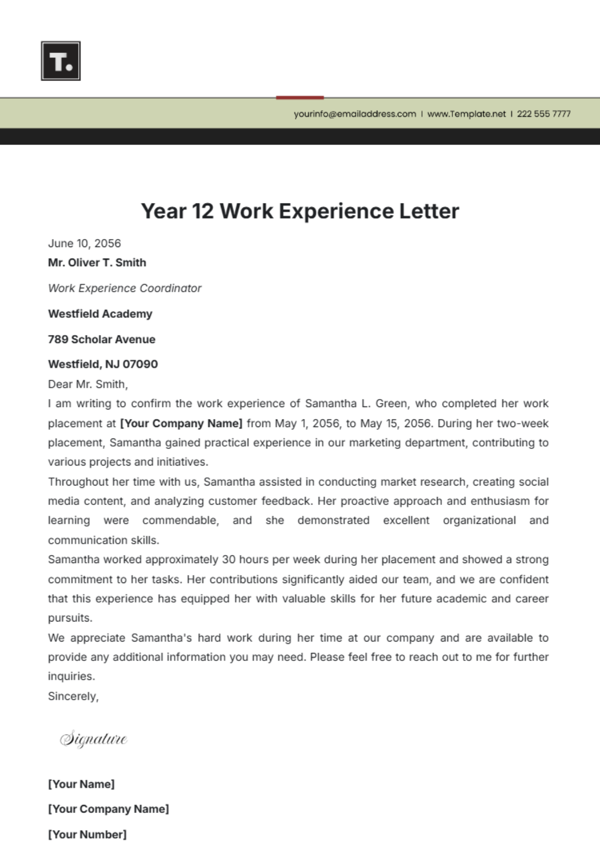 Year 12 Work Experience Letter Template