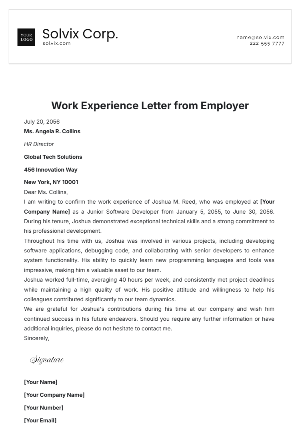 Work Experience Letter from Employer Template