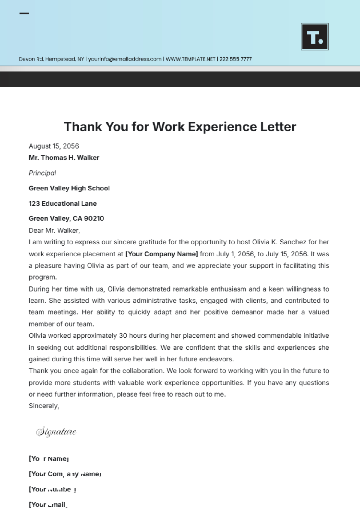 Thank You for Work Experience Letter Template