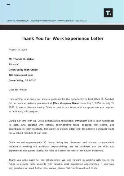 Free Thank You for Work Experience Letter Template to Edit Online