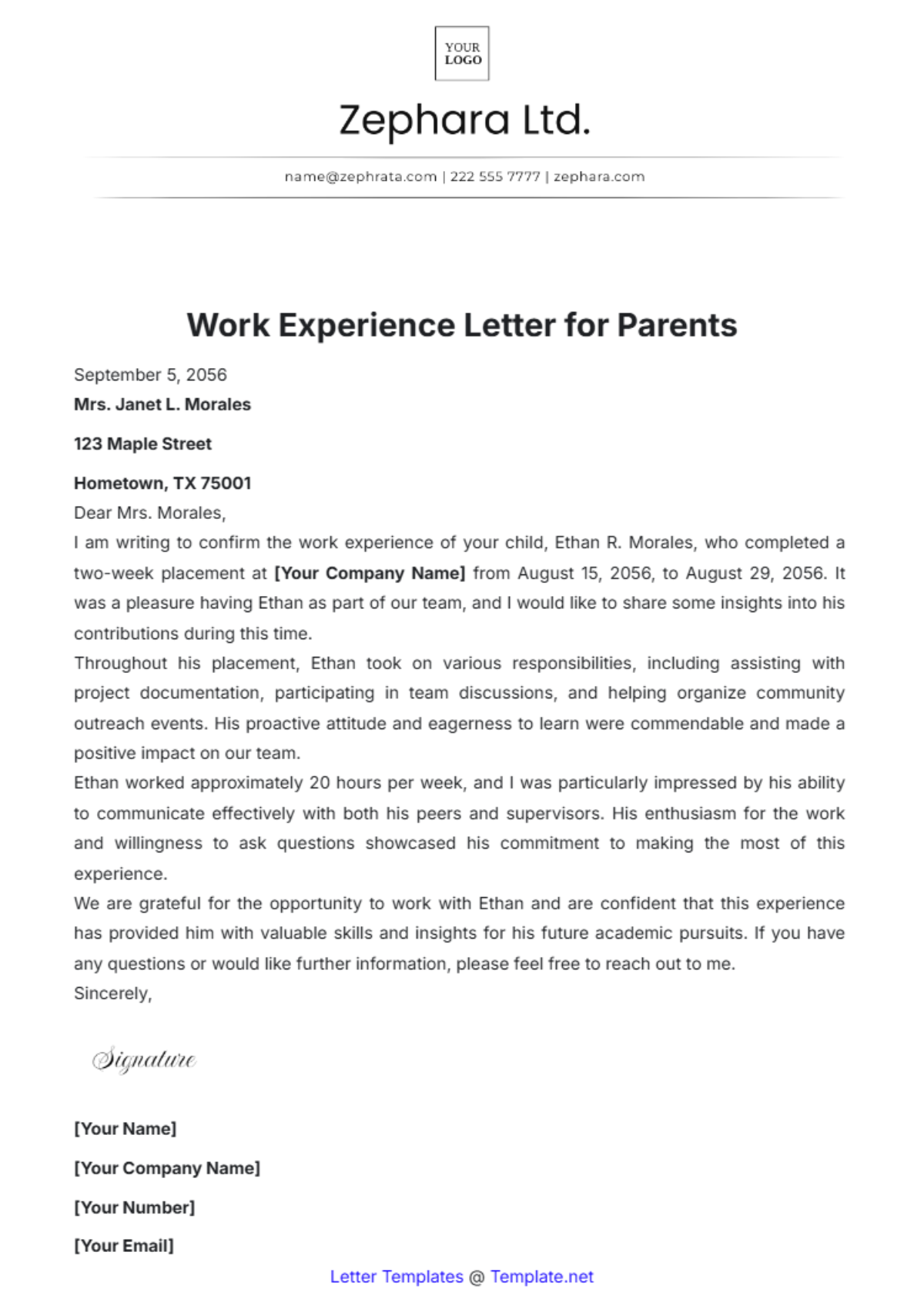 Work Experience Letter for Parents Template