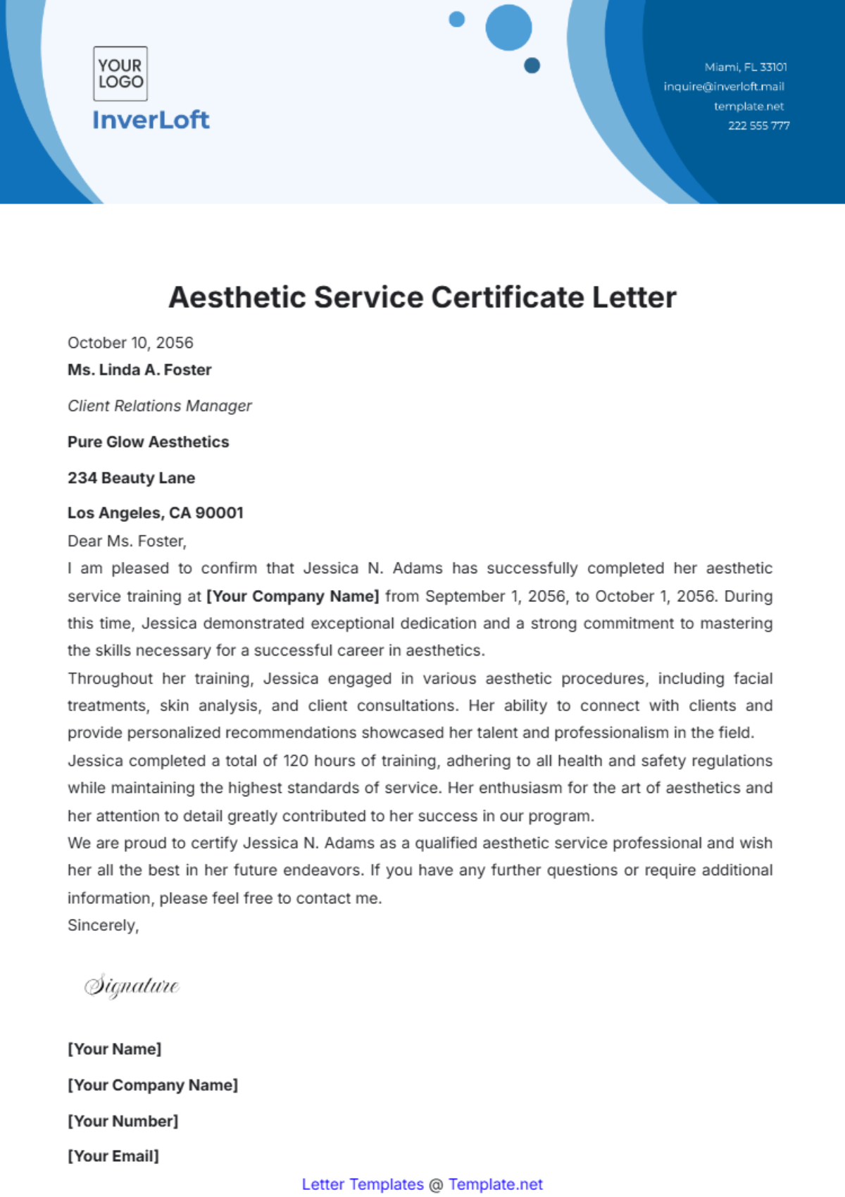 Aesthetic Service Certificate Letter Template