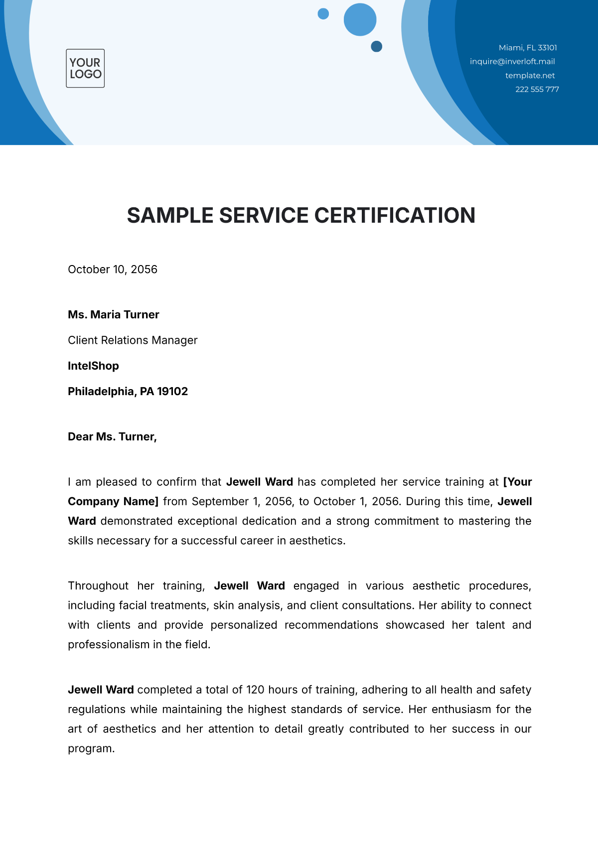 Sample Service Certificate Letter Template - Edit Online & Download