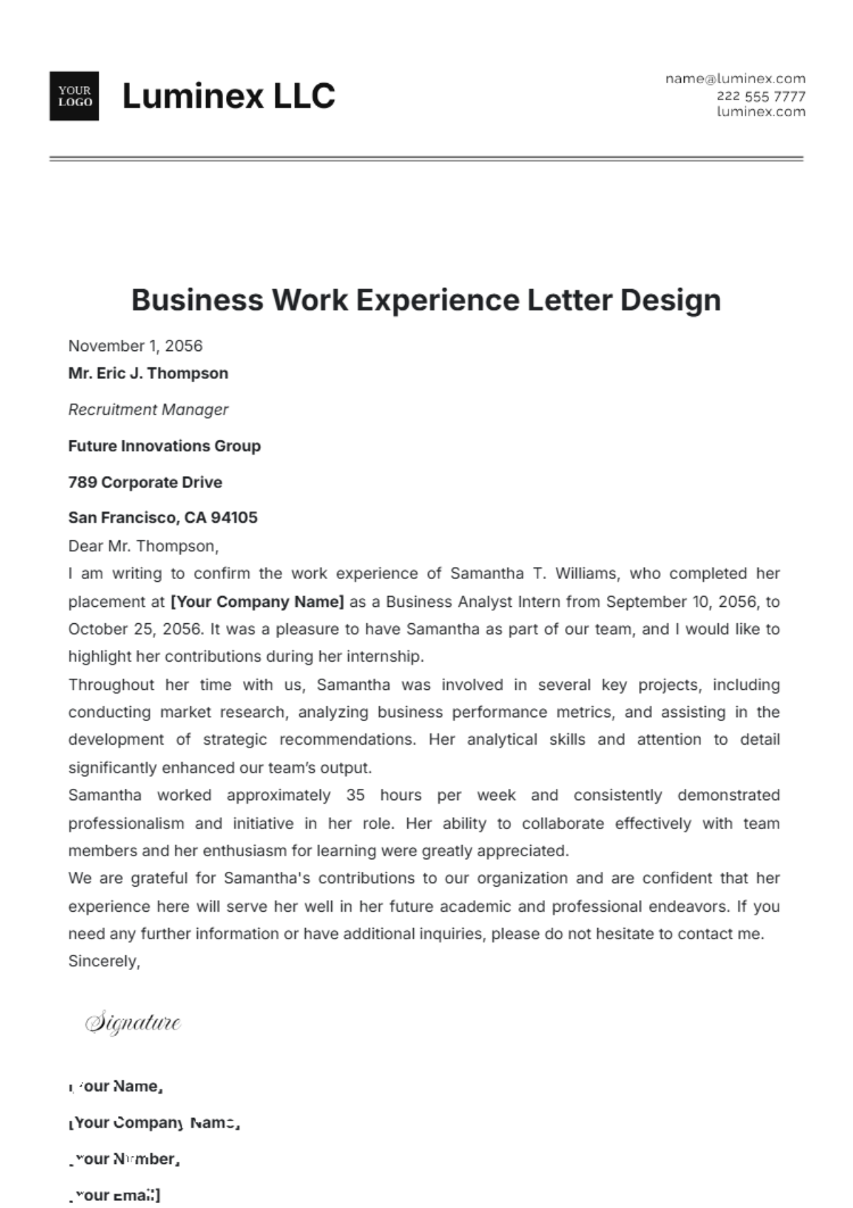 Business Work Experience Letter Design Template