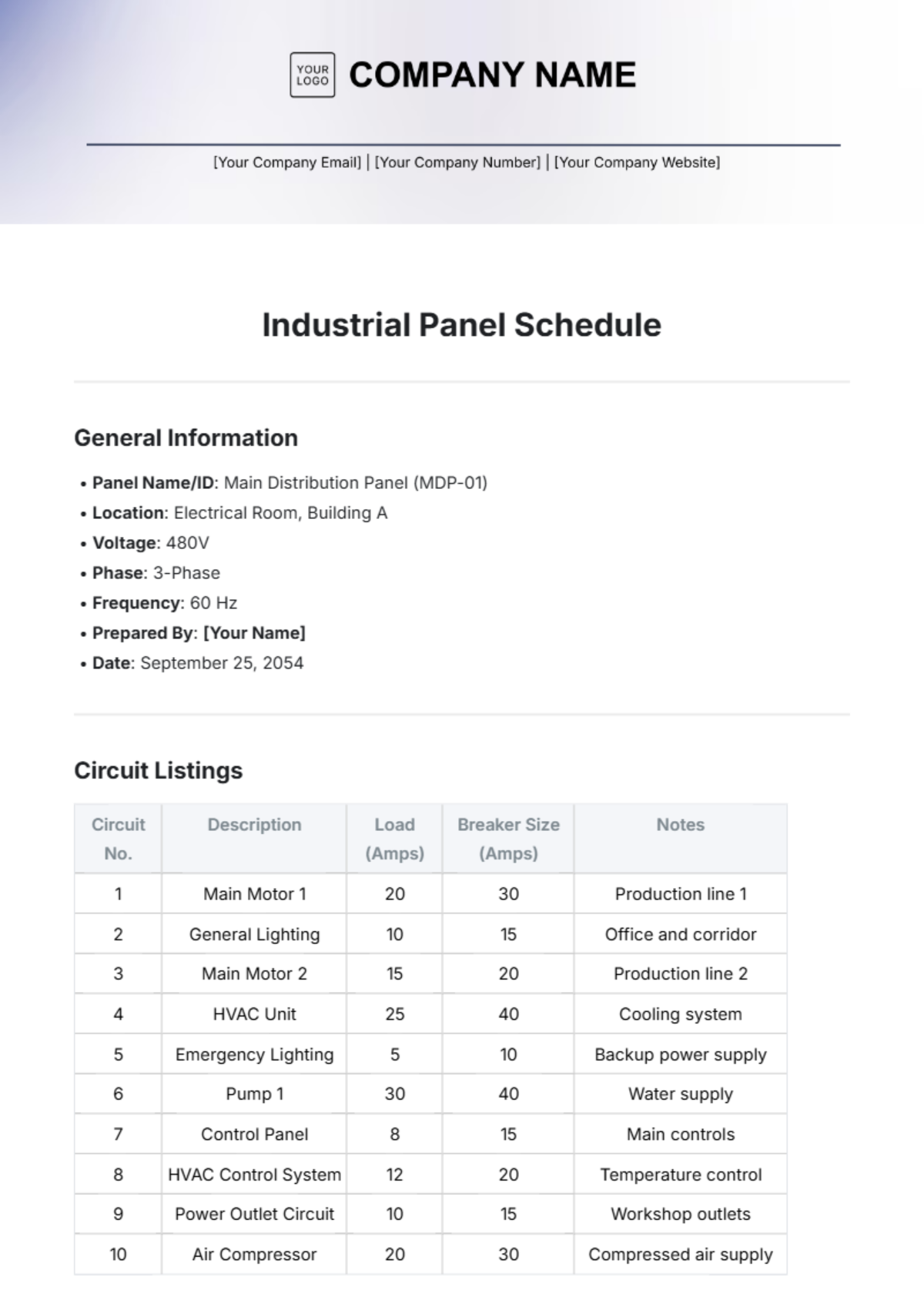 Industrial Panel Schedule Format Template - Edit Online & Download