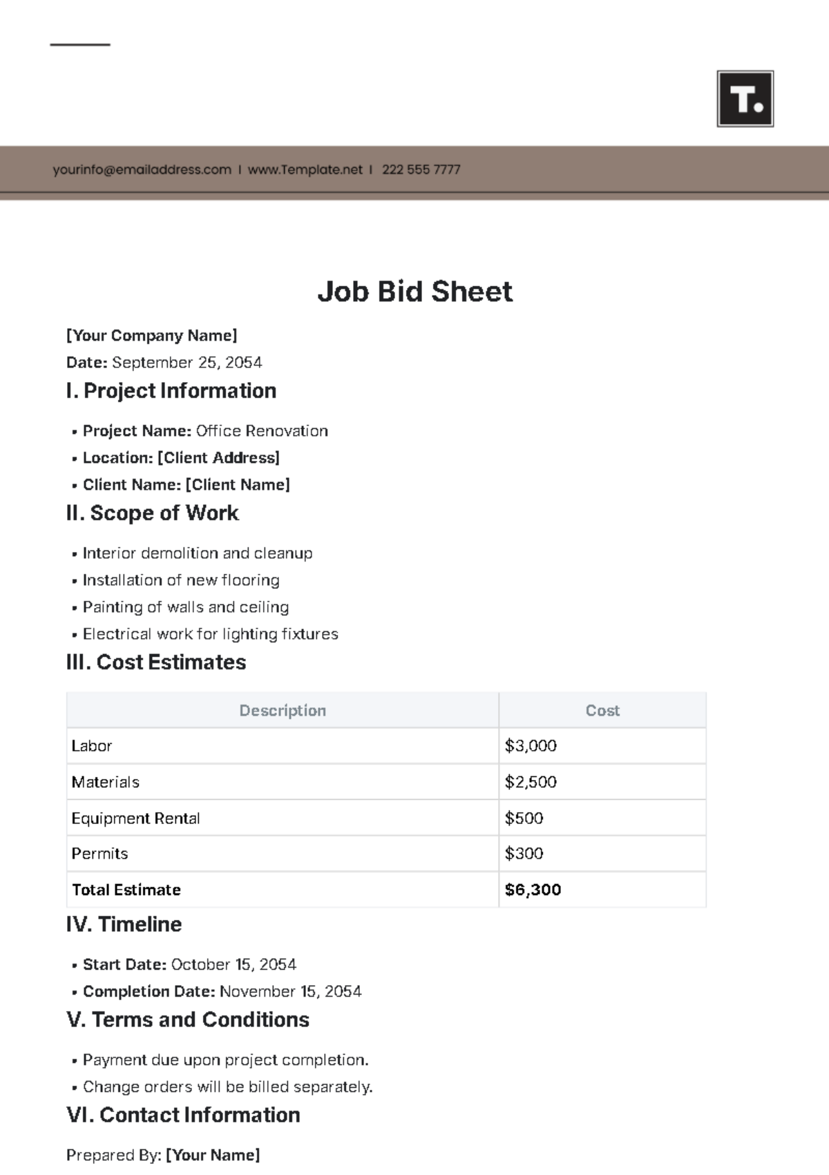 Job Bid Sheet Template