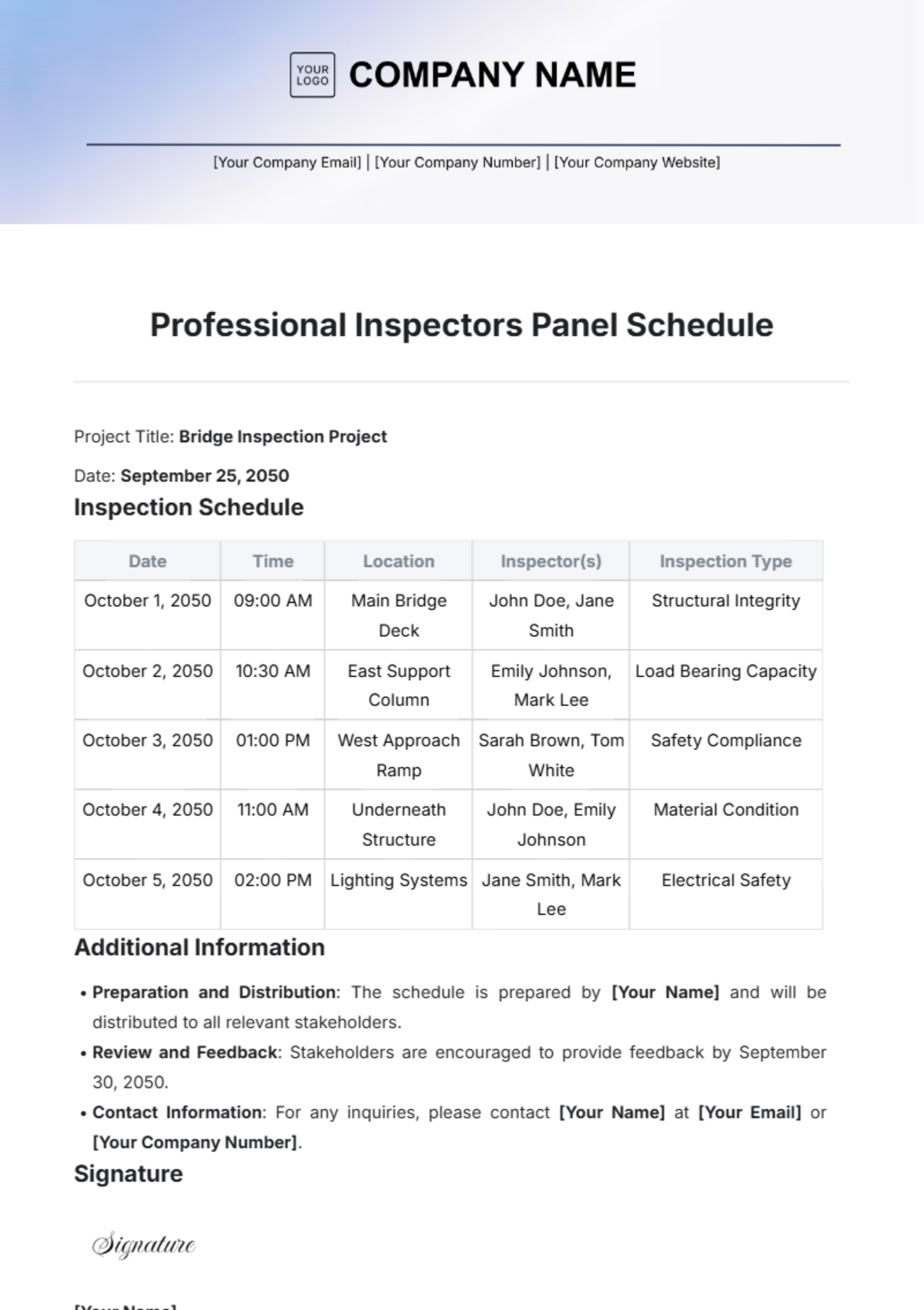 Professional Inspectors Panel Schedule Template - Edit Online & Download