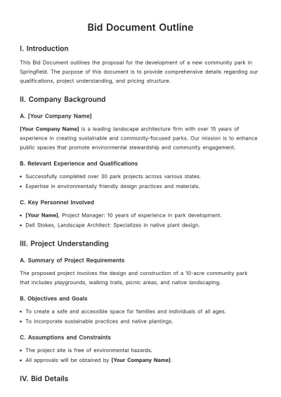 Free Bid Document Outline Template to Edit Online