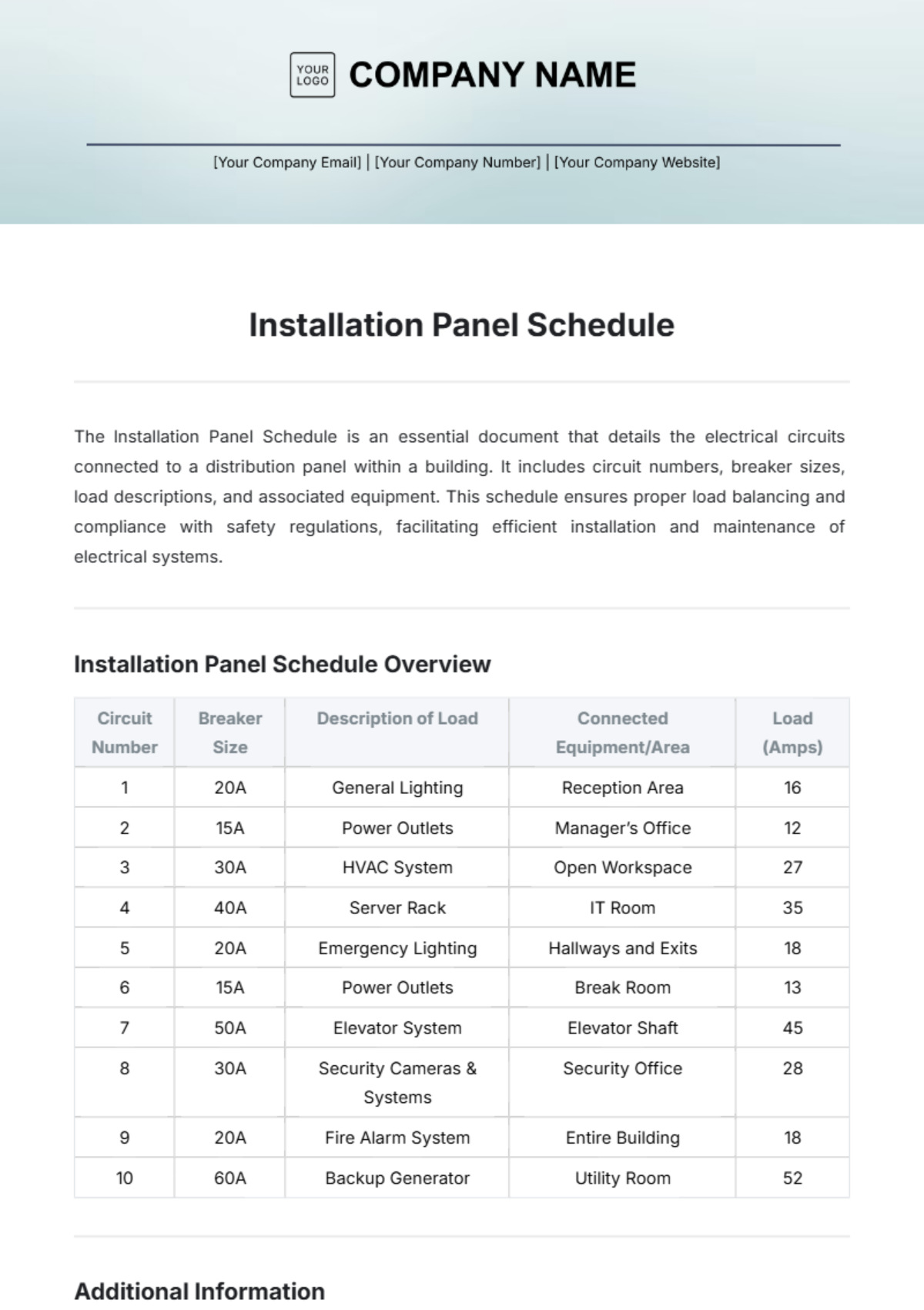 Installation Panel Schedule Template - Edit Online & Download