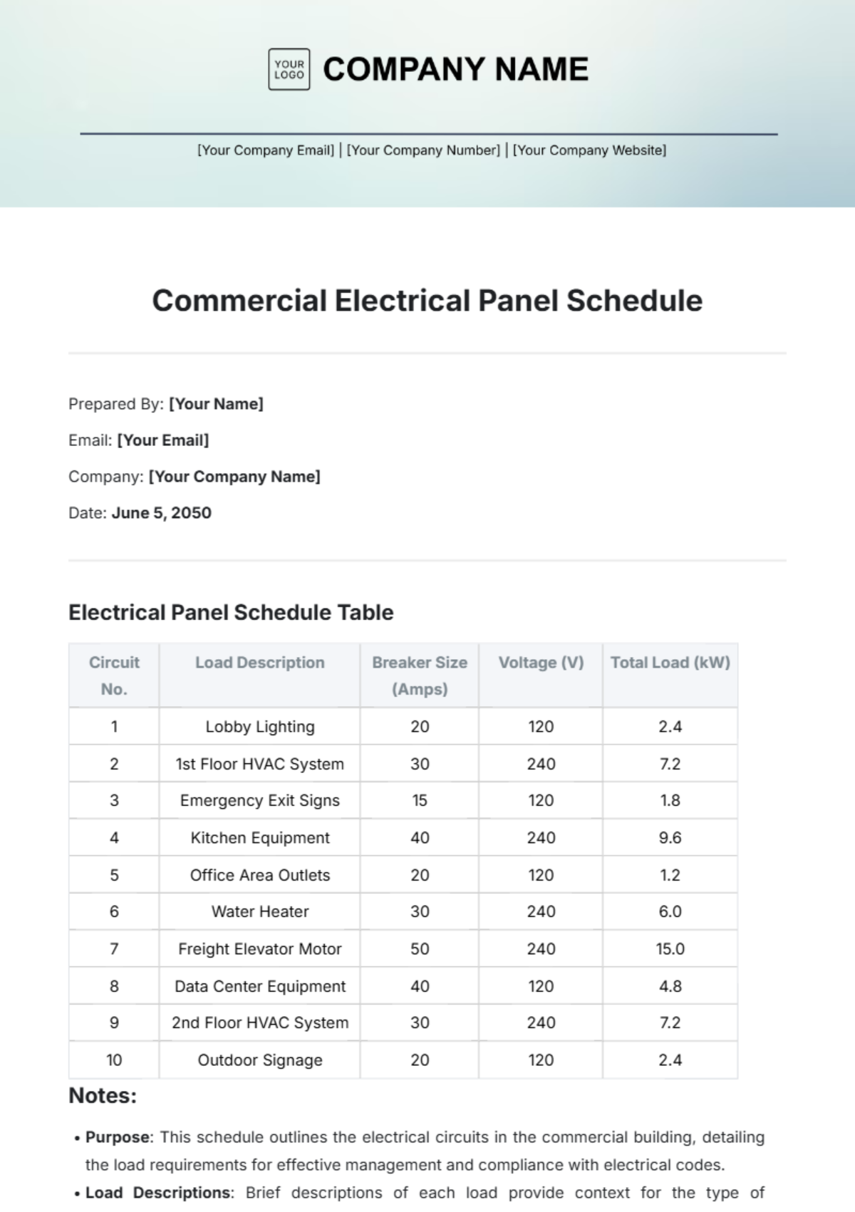 Commercial Electrical Panel Schedule Template - Edit Online & Download