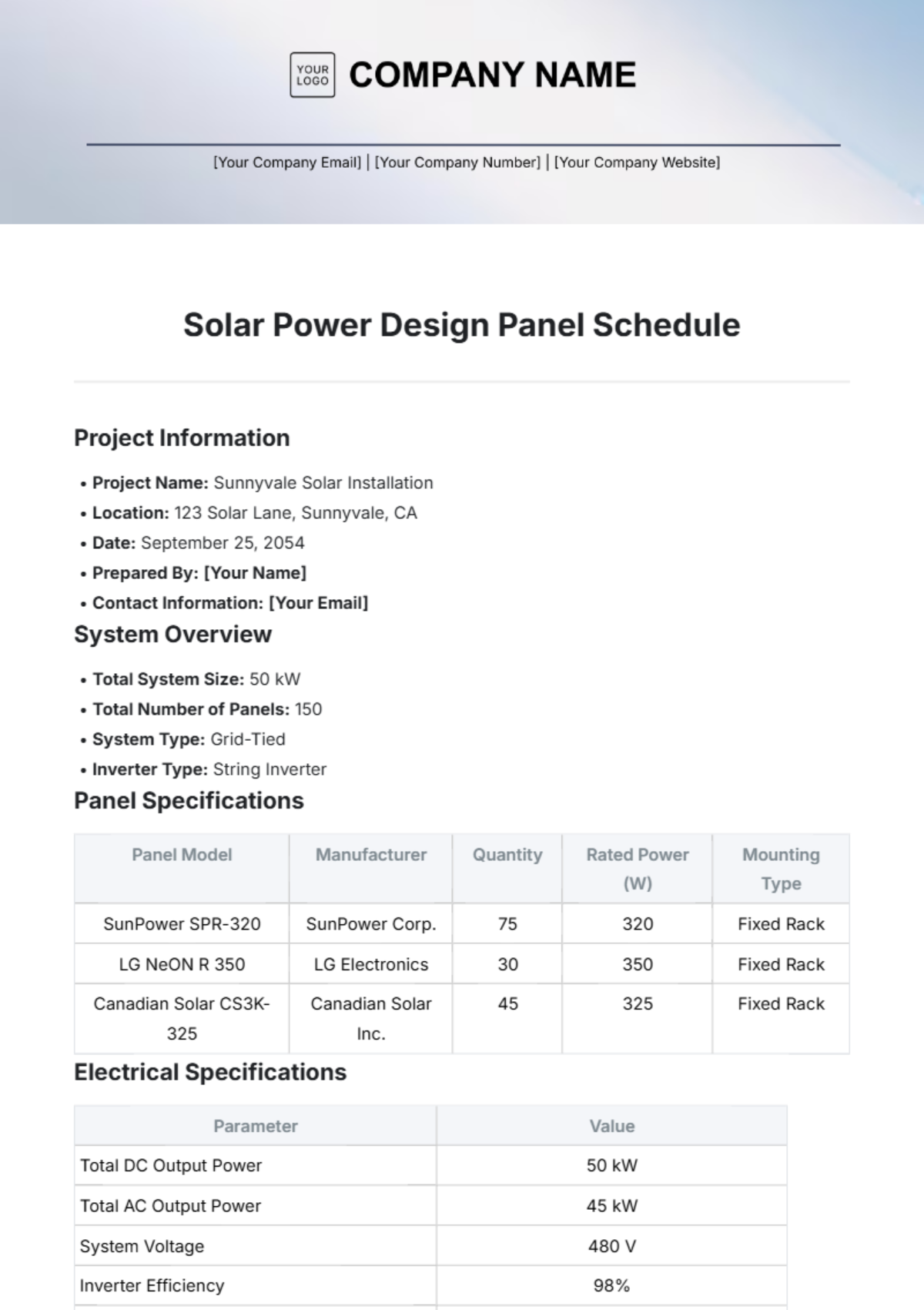 Solar Power Design Panel Schedule Template - Edit Online & Download