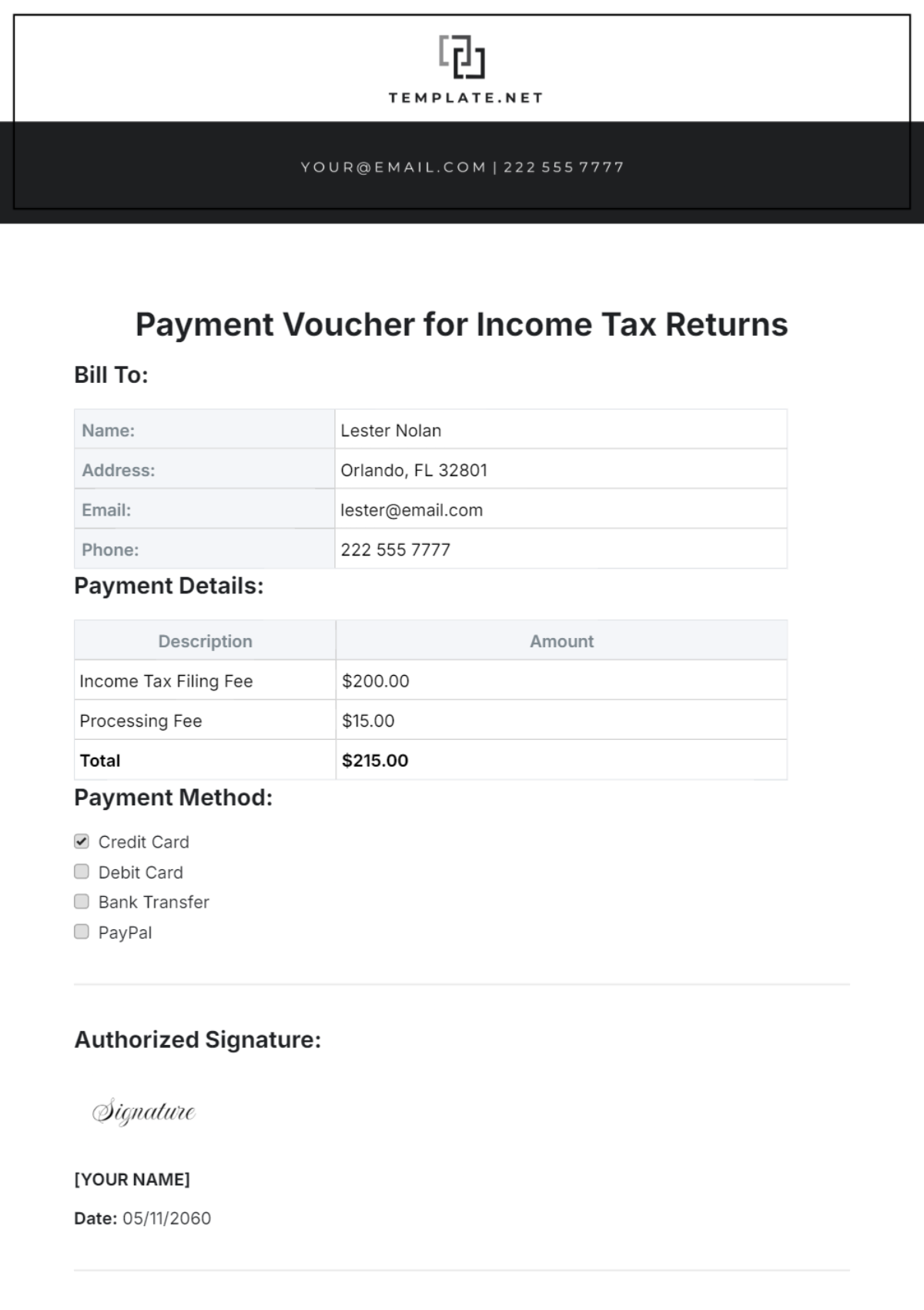 Payment Voucher Template for Income Tax Returns