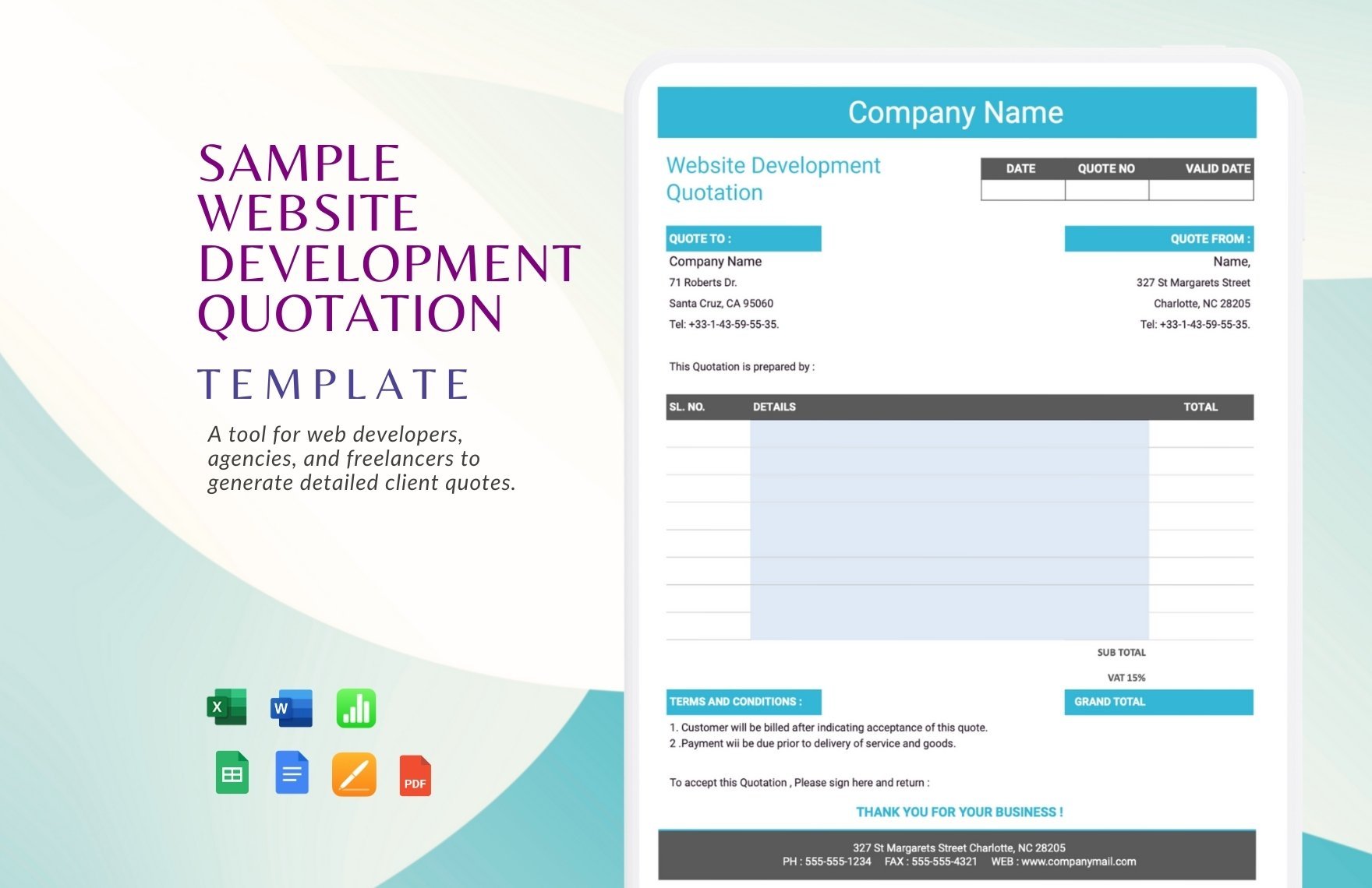 Sample Website Development Quotation Template in Google Sheets, PDF, Apple Numbers, Word, Apple Pages, Excel, Google Docs - Download | Template.net