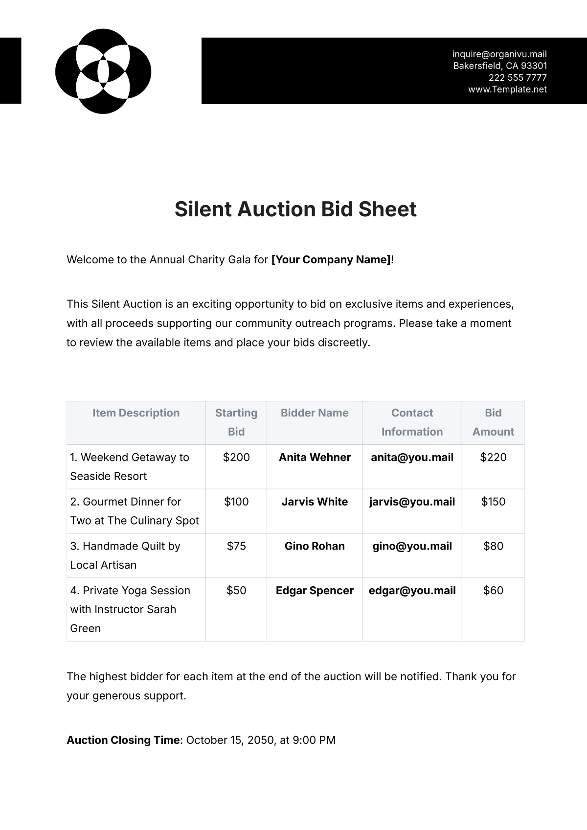 Sample Silent Auction Bid Sheet Template - Edit Online & Download