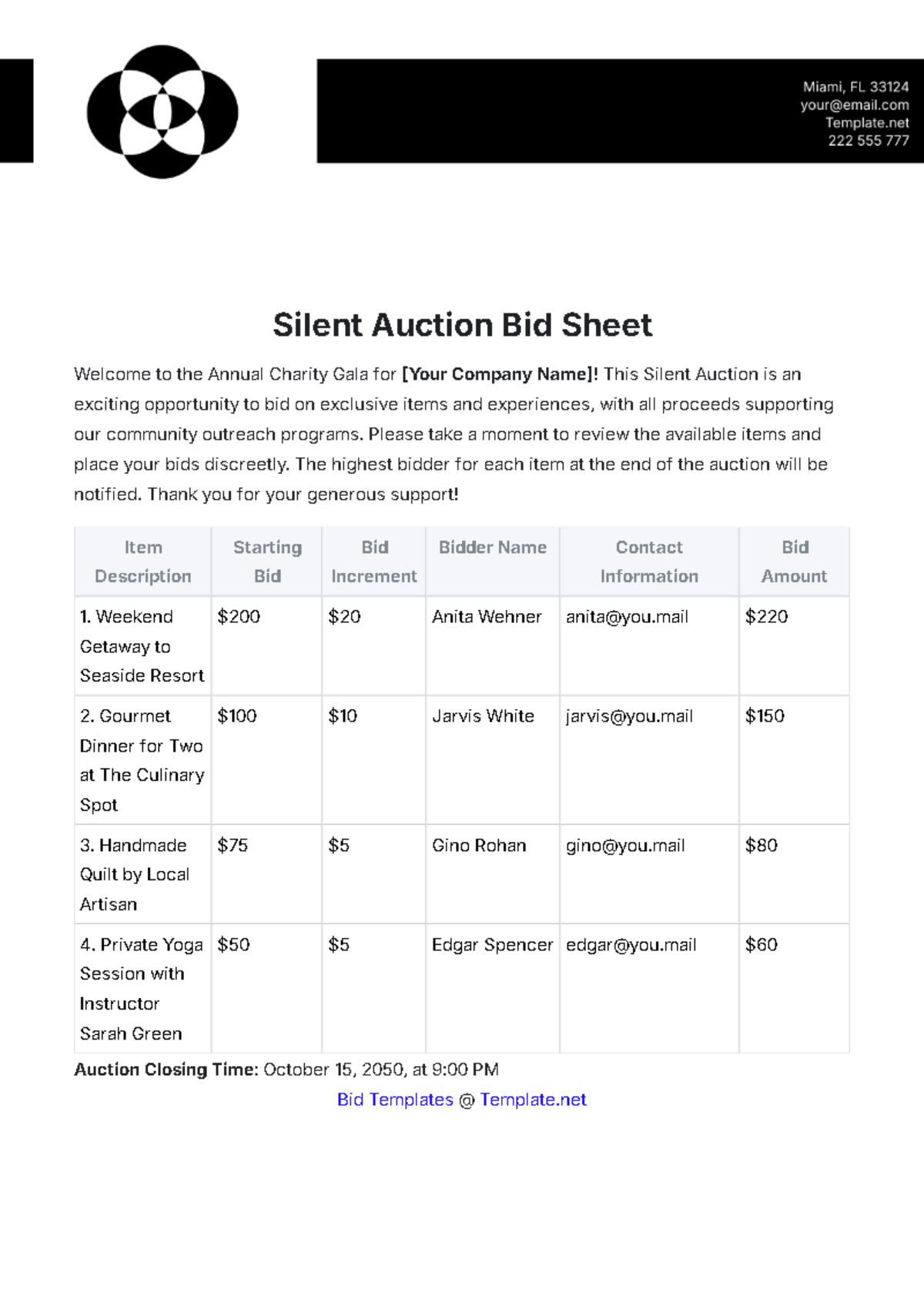 Silent Auction Bid Sheet Template