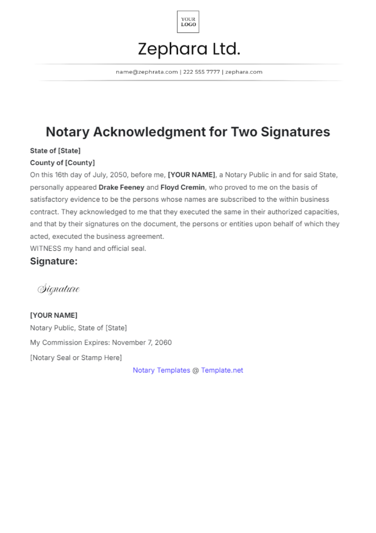 Notary Acknowledgment for Two Signatures Template