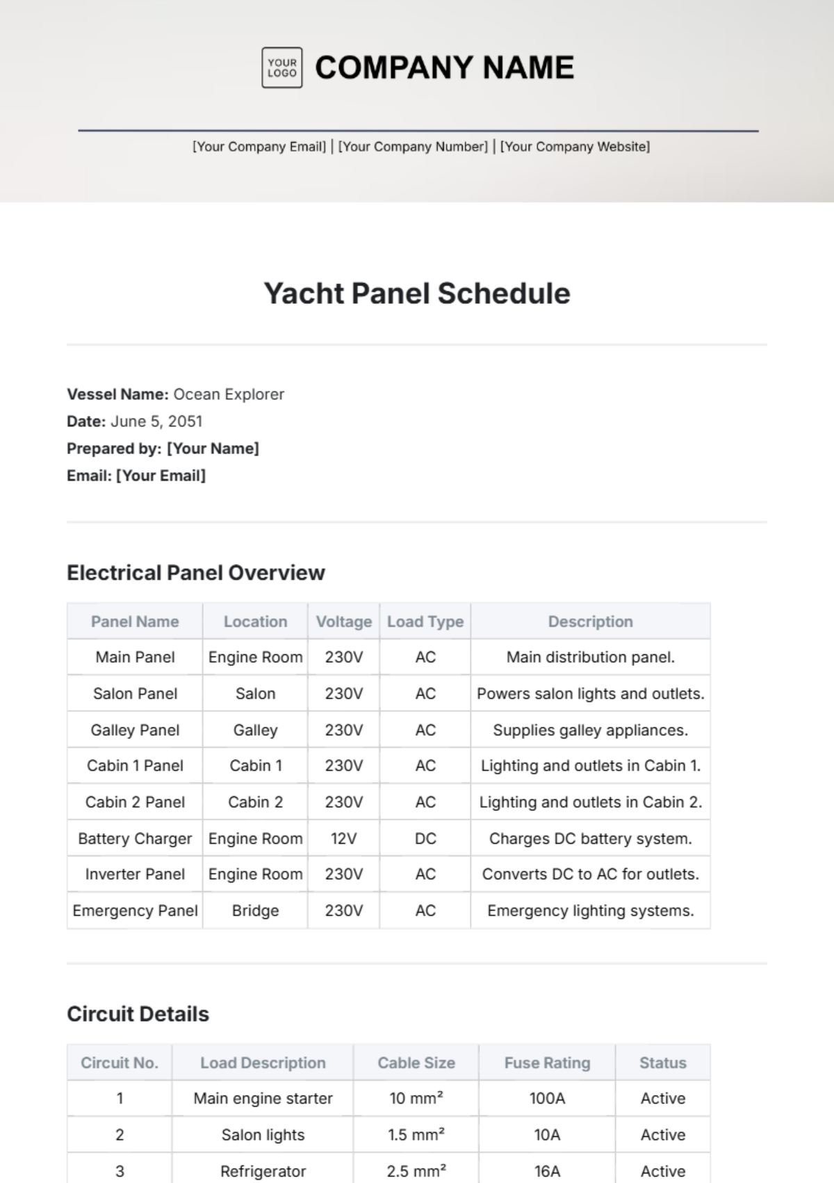 Yacht Panel Schedule Template - Edit Online & Download