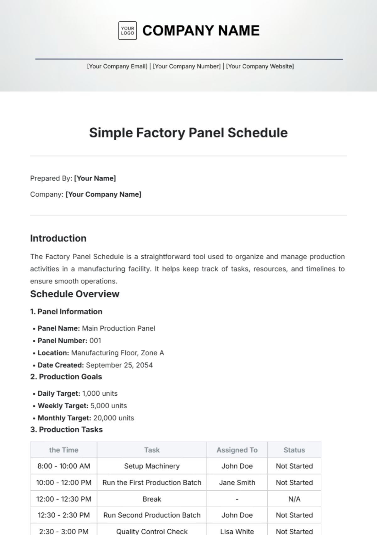 Simple Factory Panel Schedule Template - Edit Online & Download