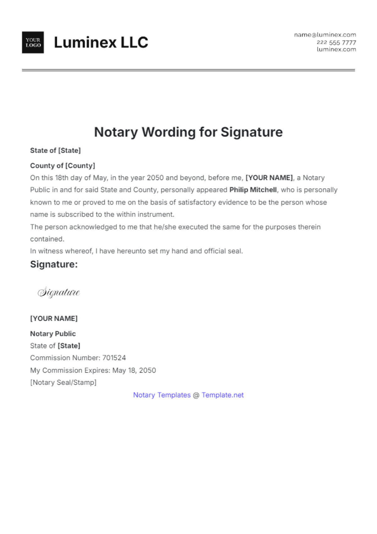 Free Notary Wording for Signature Template